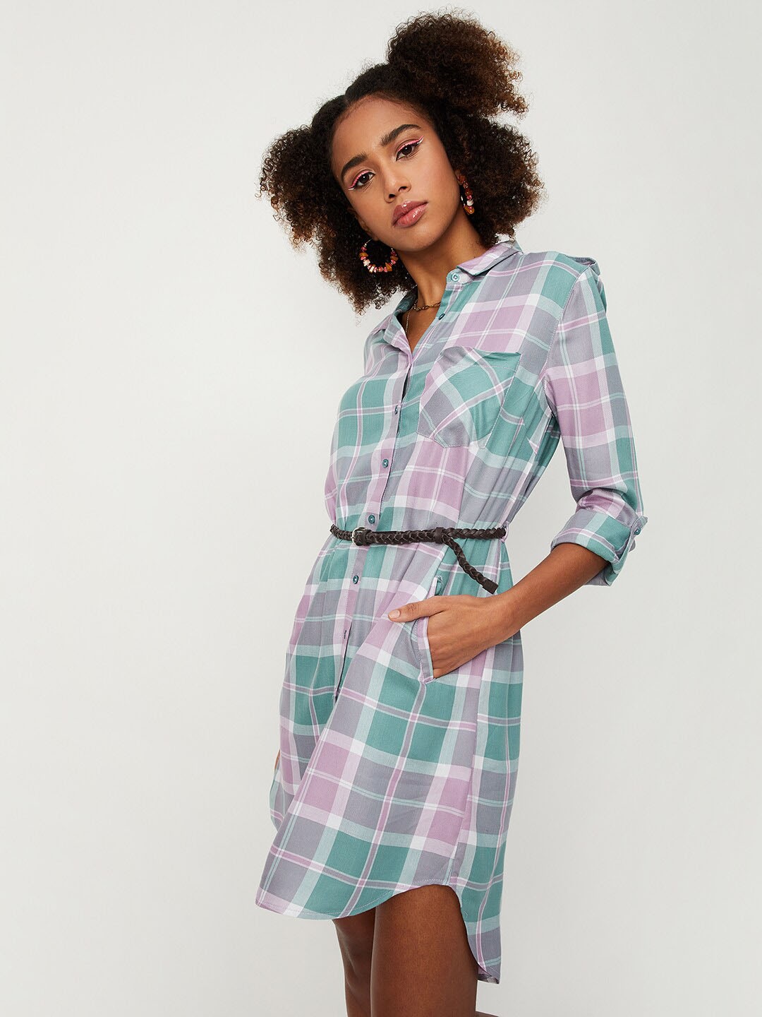 

max Checked Roll-Up Sleeves Shirt Mini Dress With Belt, Purple