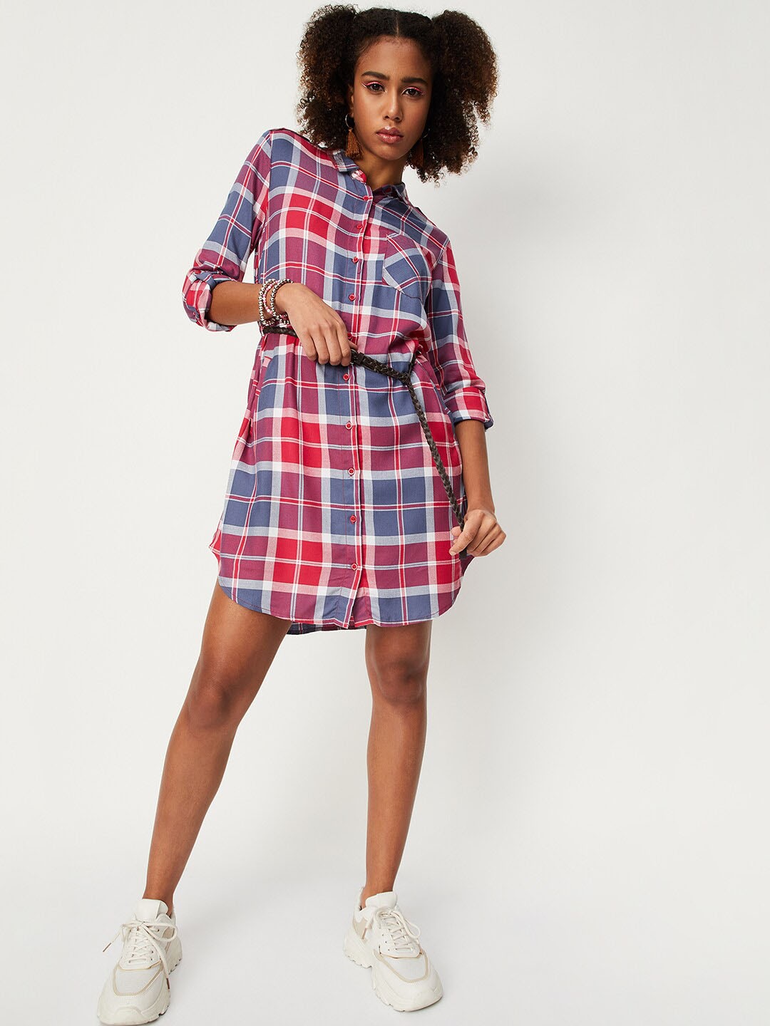 

max Shirt Collar Checked Pure Cotton Shirt Dress With Belt, Red