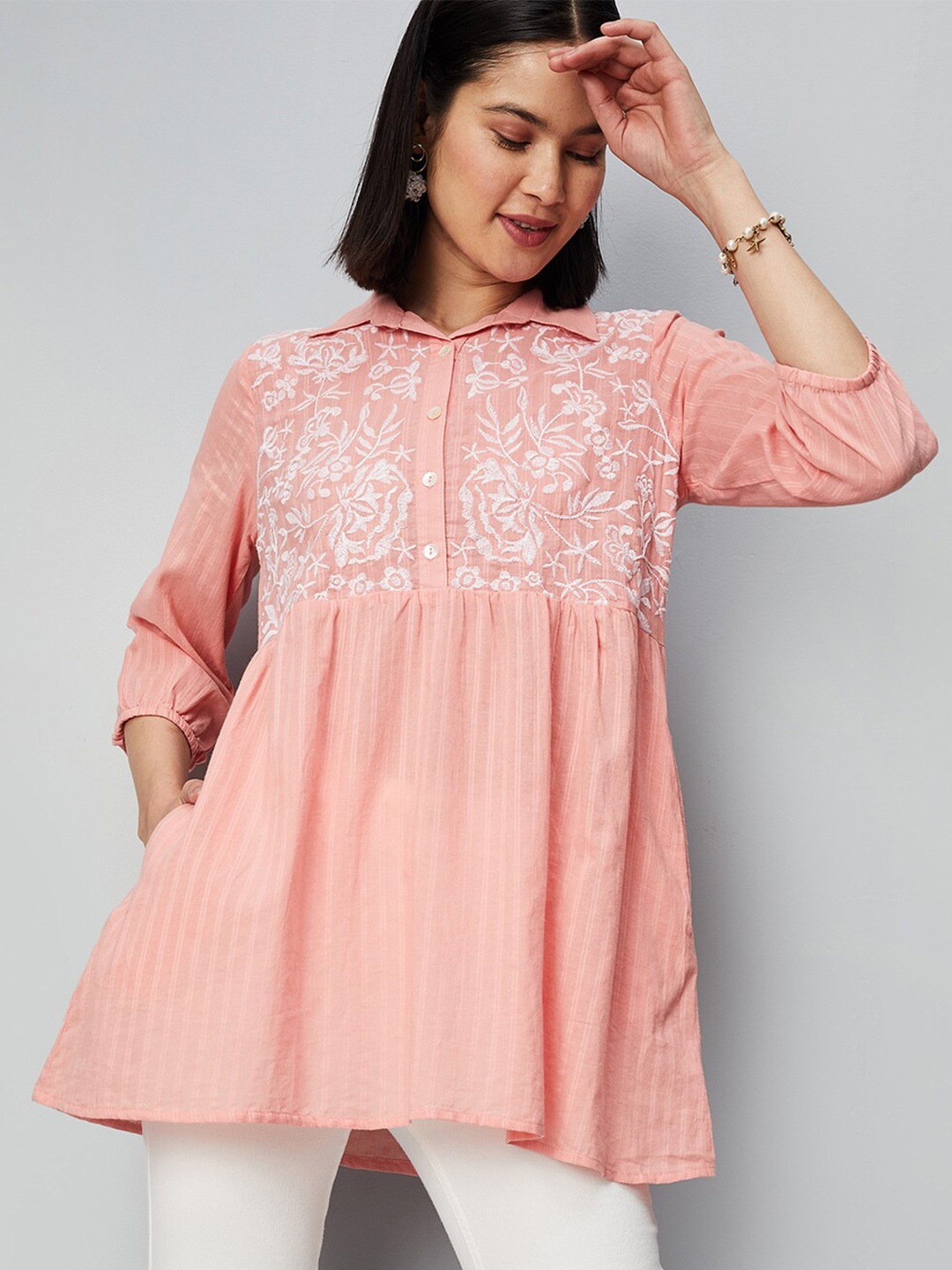 

max Embroidered Shirt Collar Puff Sleeves Cotton Tunic, Coral