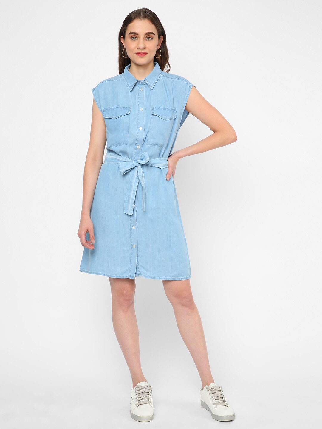 

R&B Shirt Collar Denim Shirt Dress With Belt, Blue