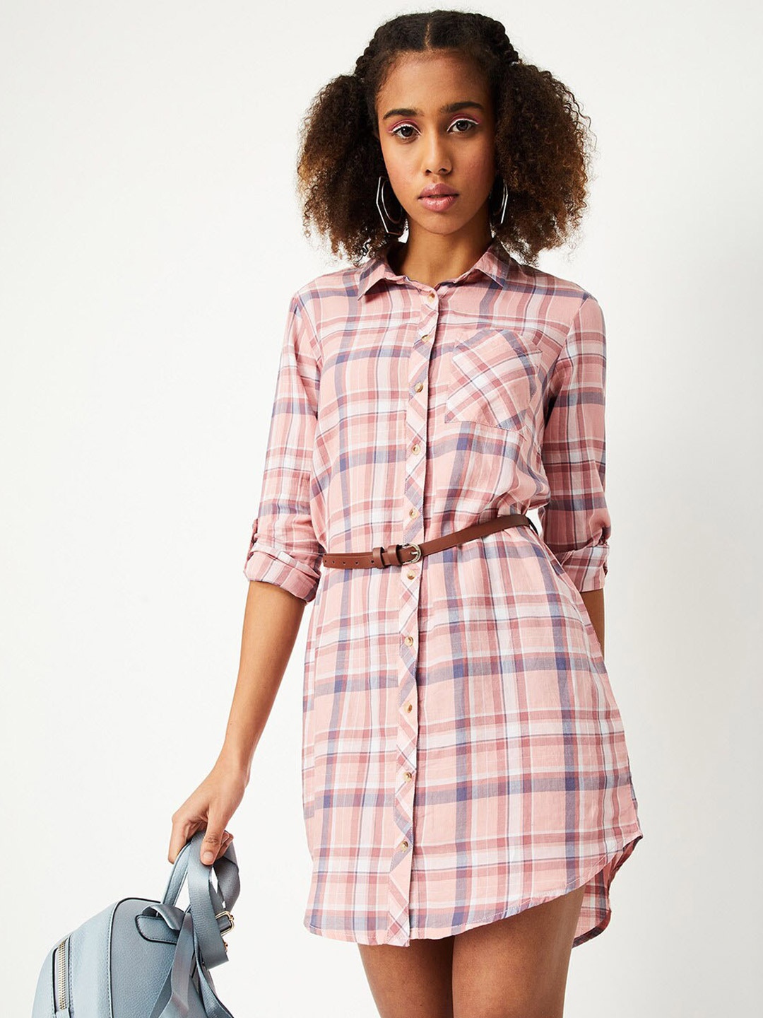 

max Peach-Coloured & White Checked Shirt Dress