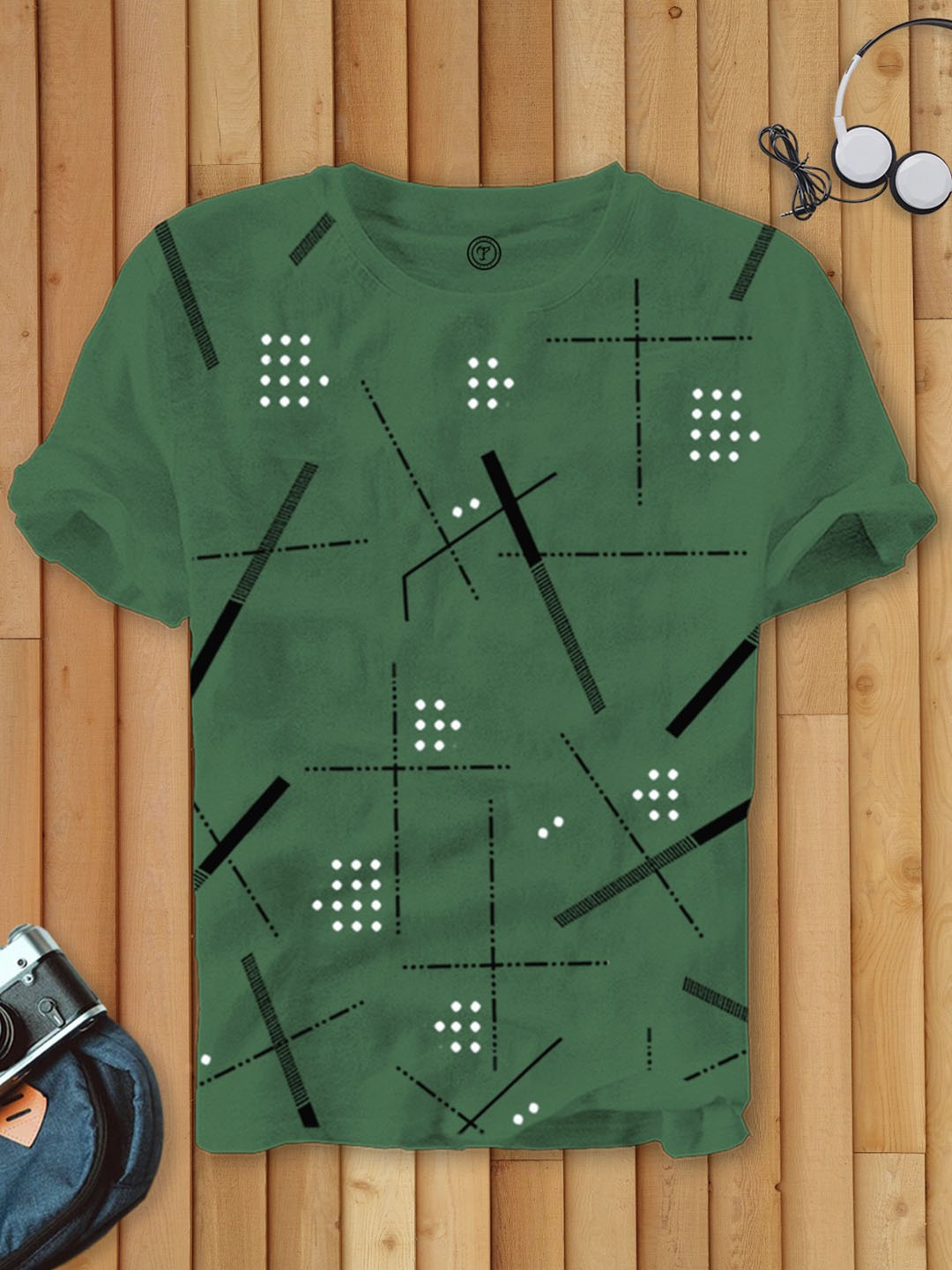 

TRIPR Geometric Printed Round Neck Cotton T-shirt, Olive