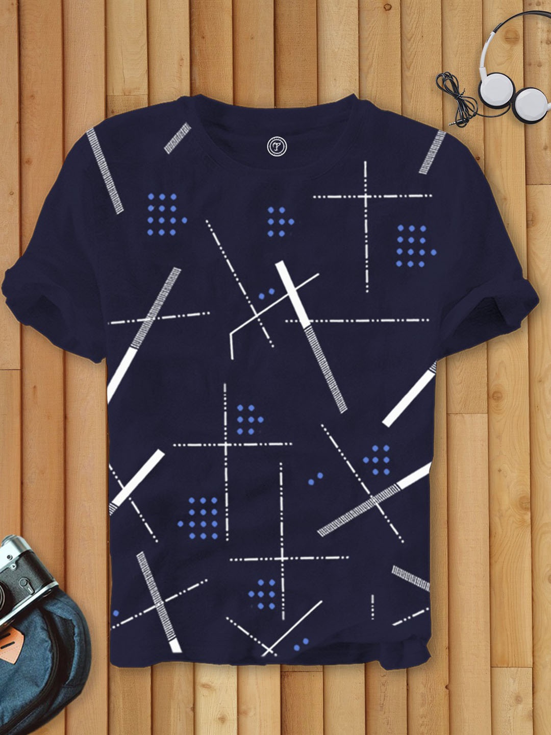 

TRIPR Geometric Printed Round Neck Cotton T-shirt, Navy blue