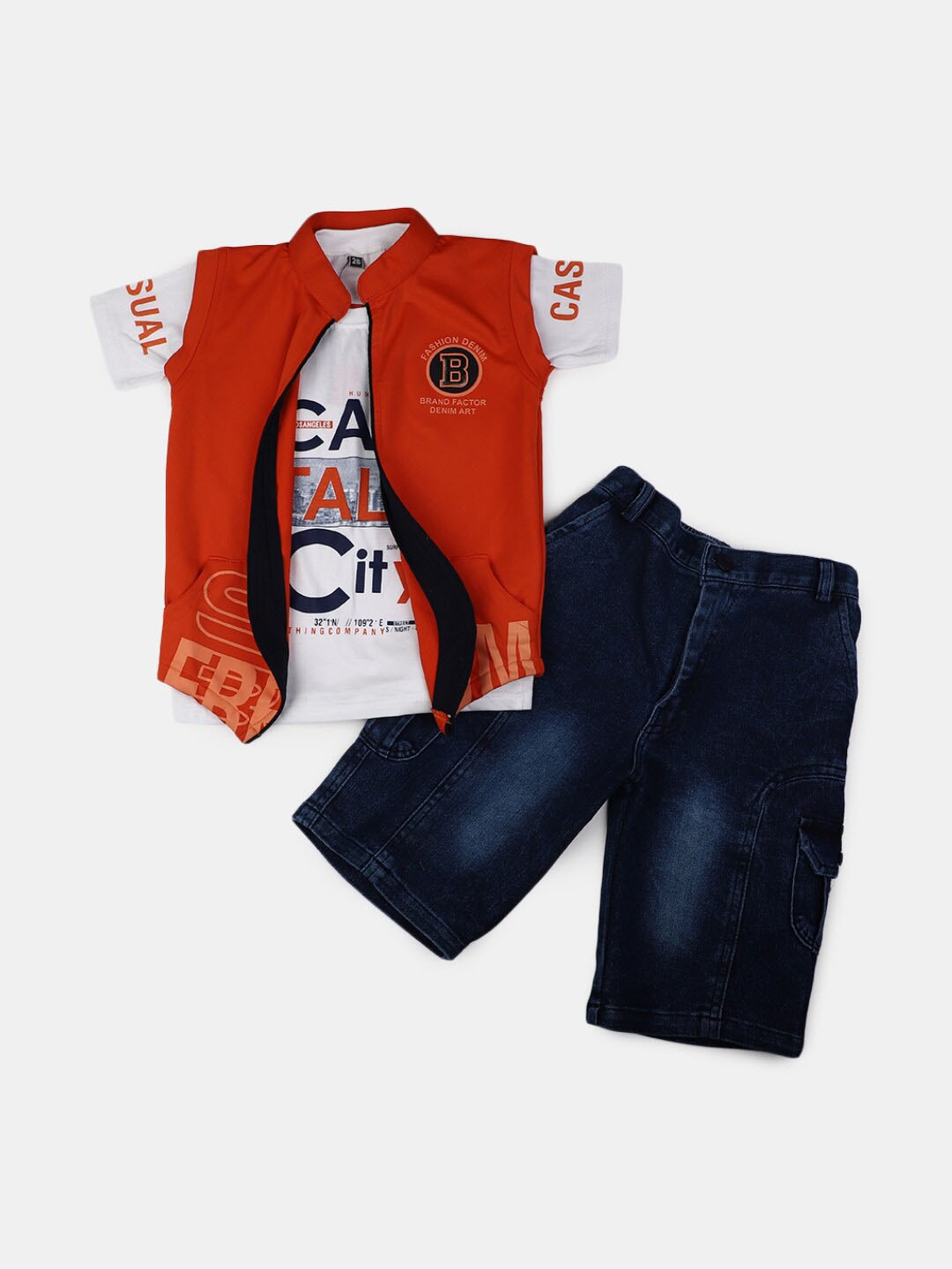 

V-Mart Boys Printed Pure Cotton T-shirt & Shorts With Jacket, White