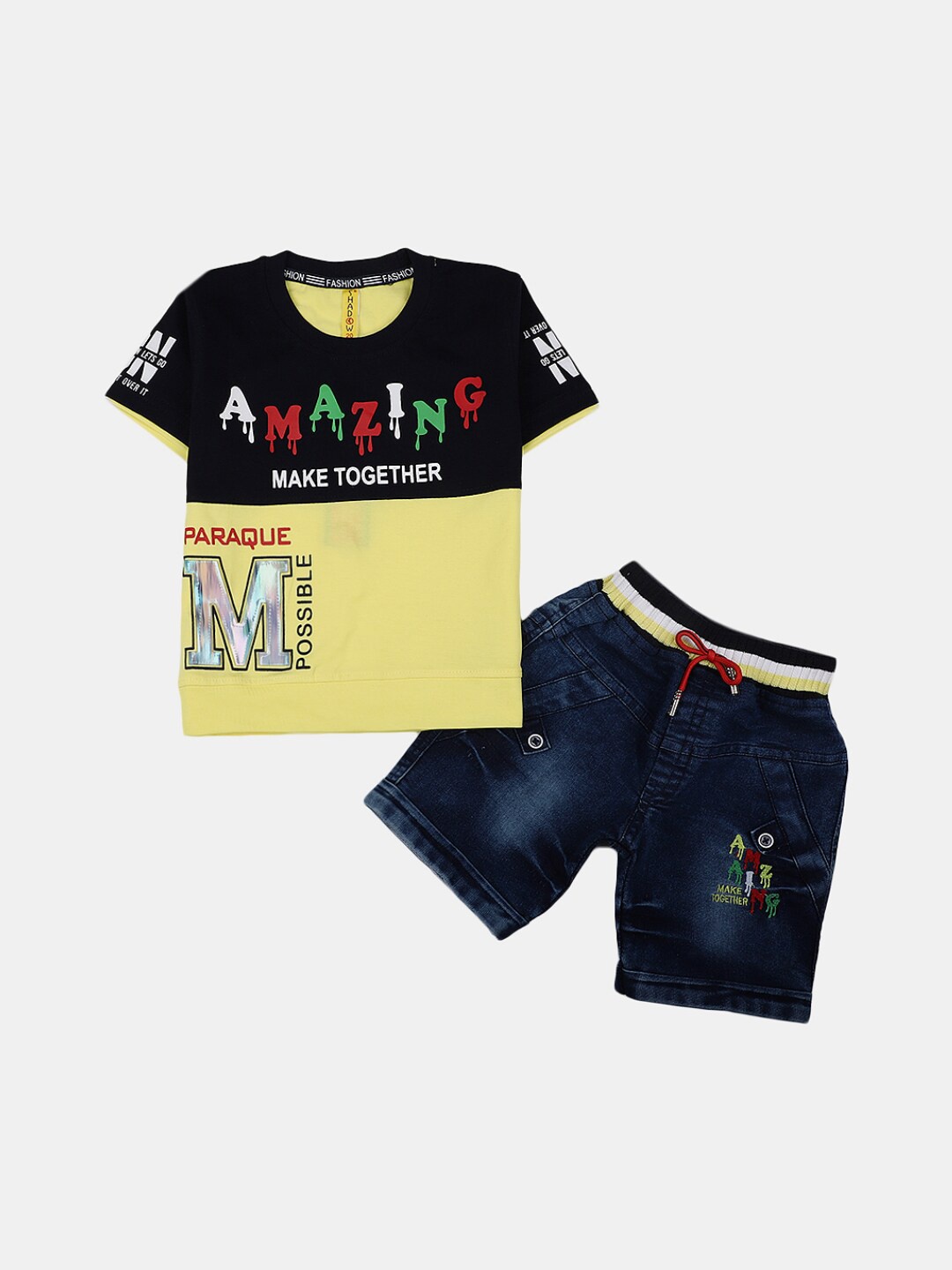 

V-Mart Boys Printed Pure Cotton T-shirt with Shorts, Yellow
