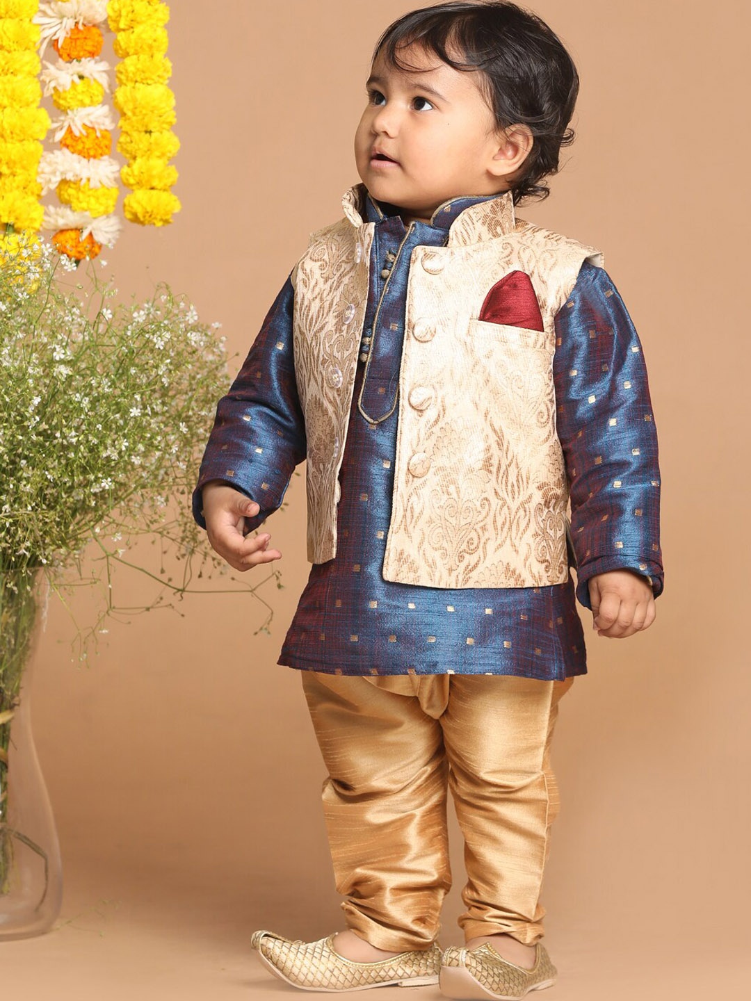 

VASTRAMAY SISHU Boys Mandarin Collar Kurta With Pyjamas & Nehru Jacket, Blue