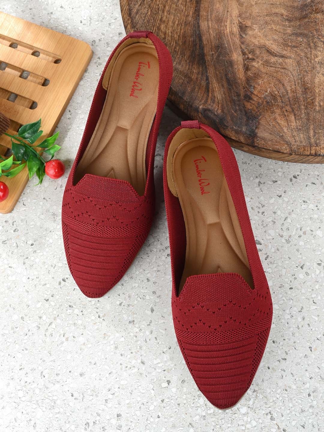 

TimberWood Women Pointed Toe Fabric Woven Design Ballerinas, Maroon