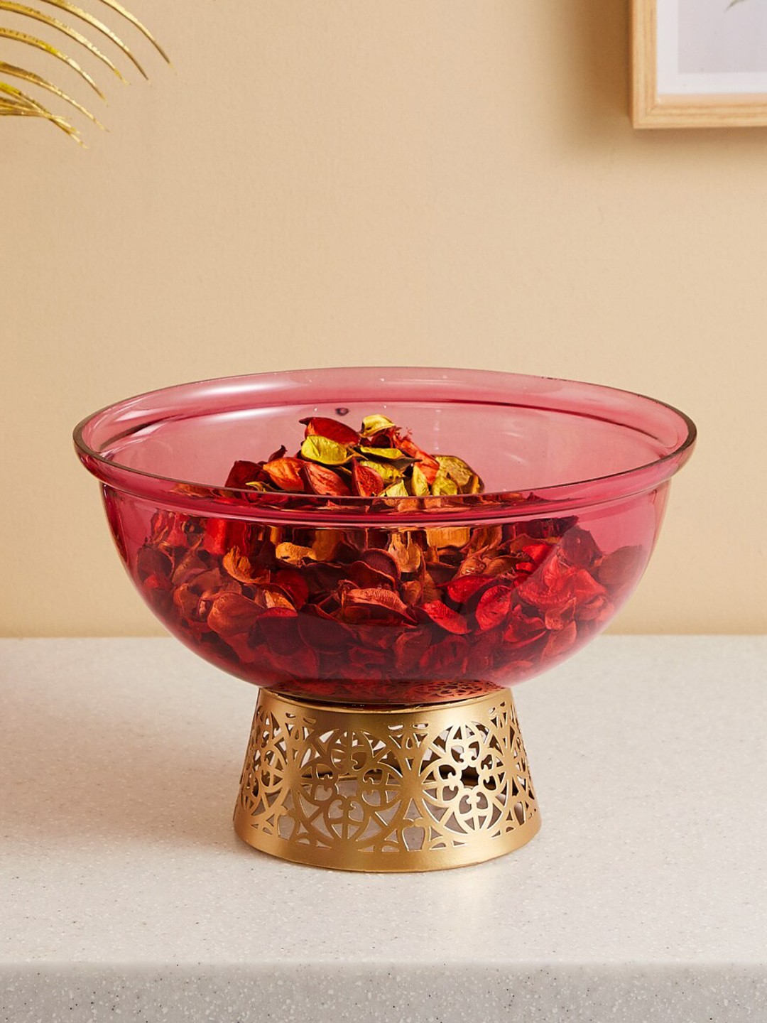 

Home Centre Gold-Toned & Pink Glass Decorative Bowl With Metal Base
