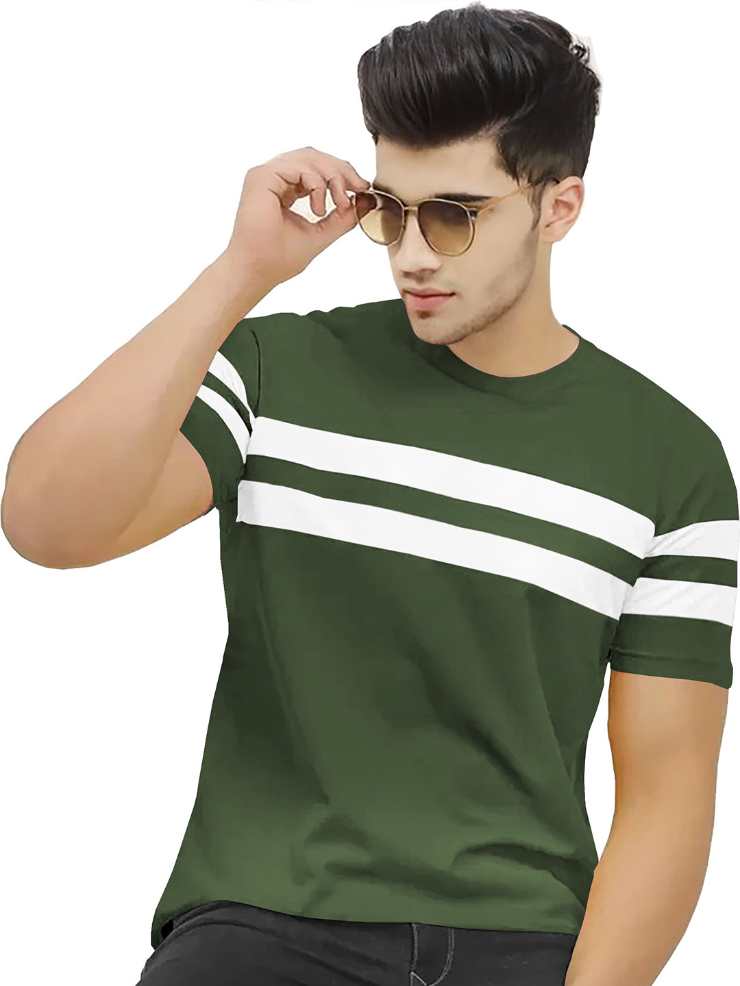

BLIVE Striped Round Neck Cotton T-shirt, Green