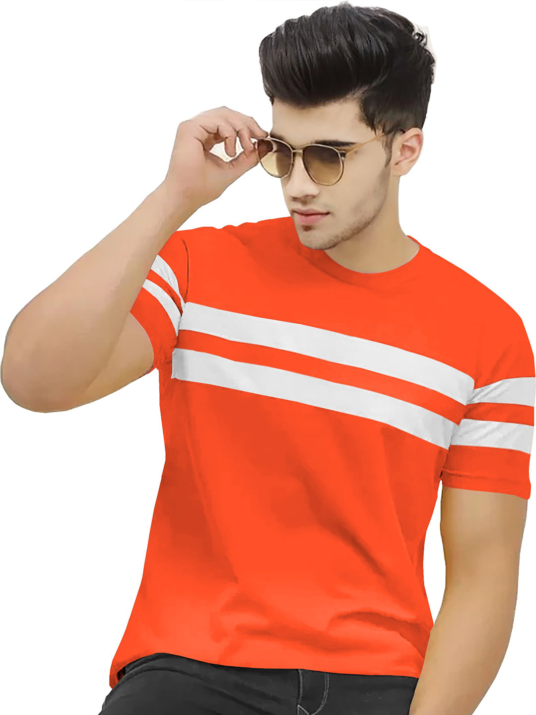 

BLIVE Striped Round Neck Cotton T-shirt, Orange