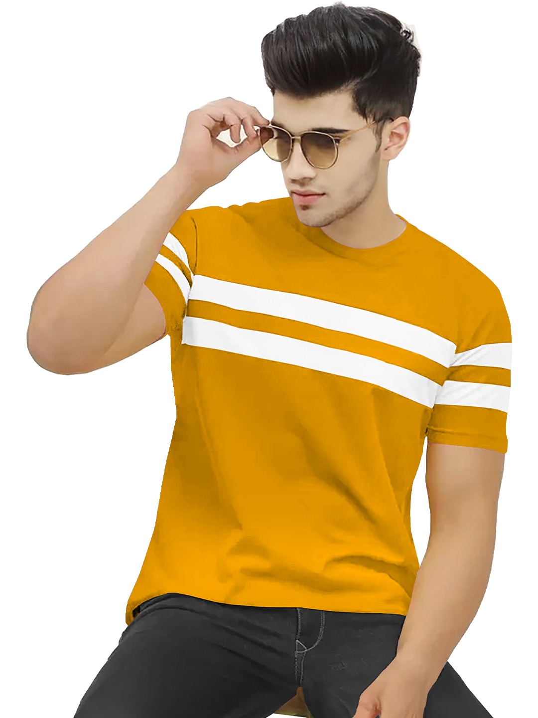 

BLIVE Striped Round Neck Short Sleeves Cotton T-shirt, Orange