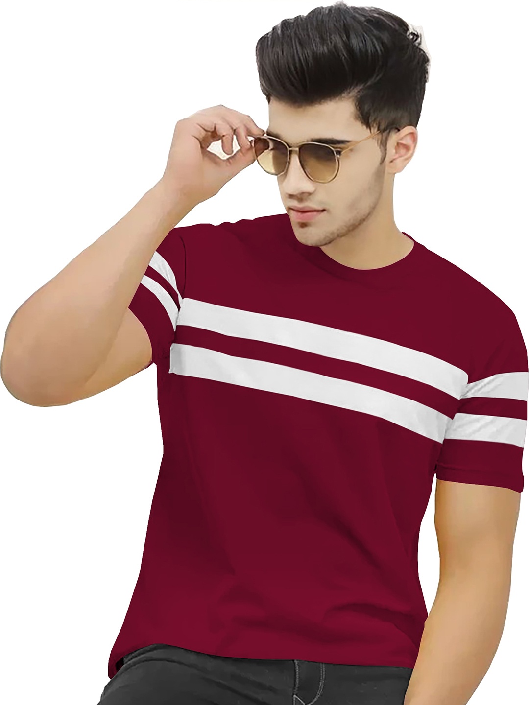 

BLIVE Striped Round Neck Cotton T-shirt, Maroon