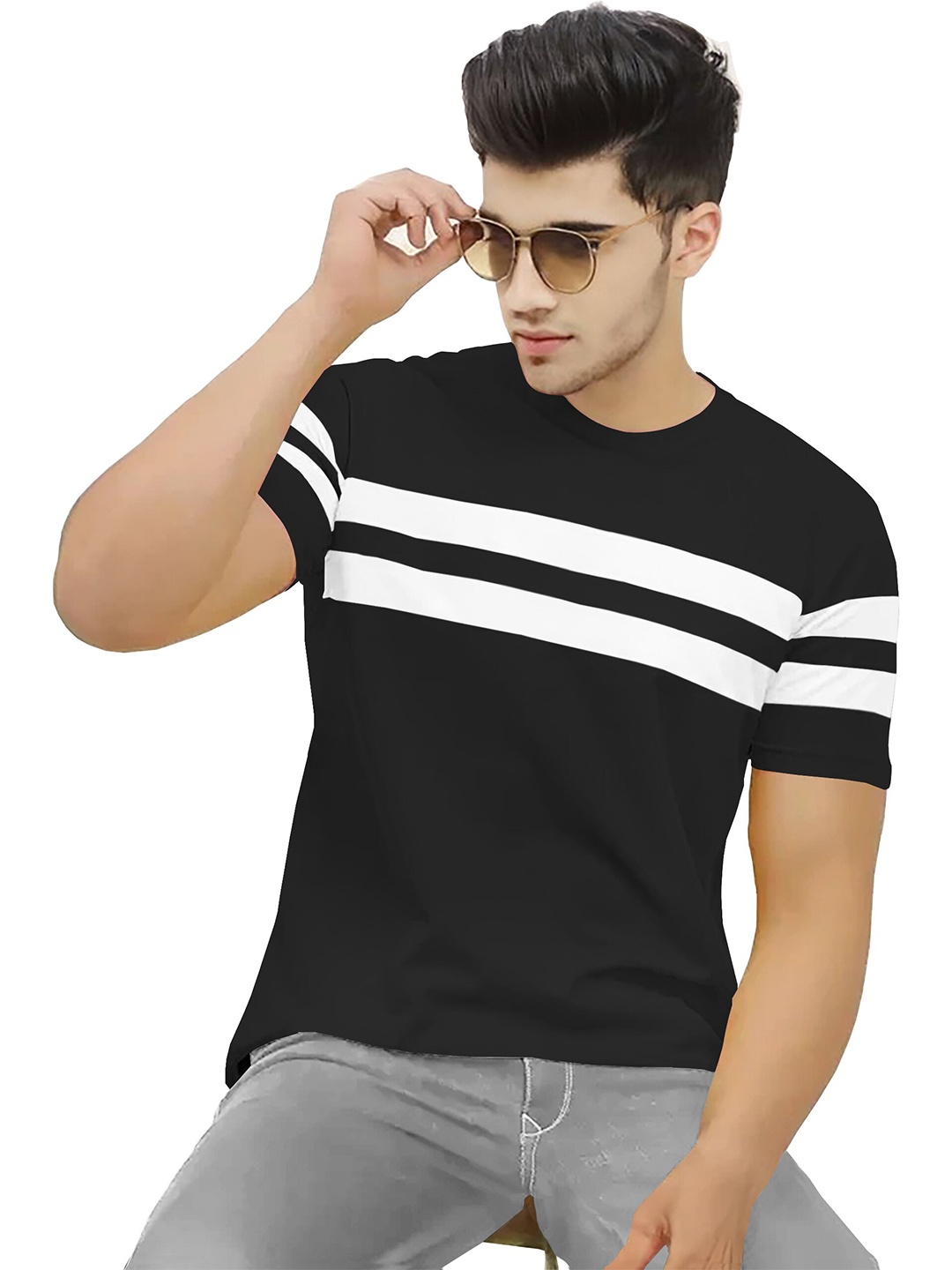 

BLIVE Striped Round Neck Short Sleeves Cotton T-shirt, Black