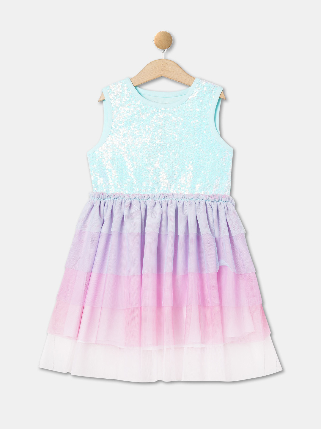 

R&B Girls Embellished Sequined Layered Fit & Flare Dress, Blue