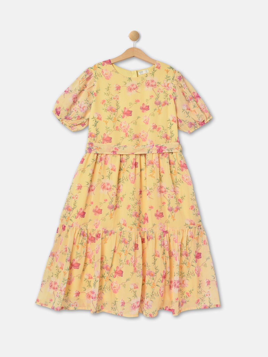 

R&B Girls Floral Printed Puff Sleeves Tiered Fit & Flare Dress, Yellow