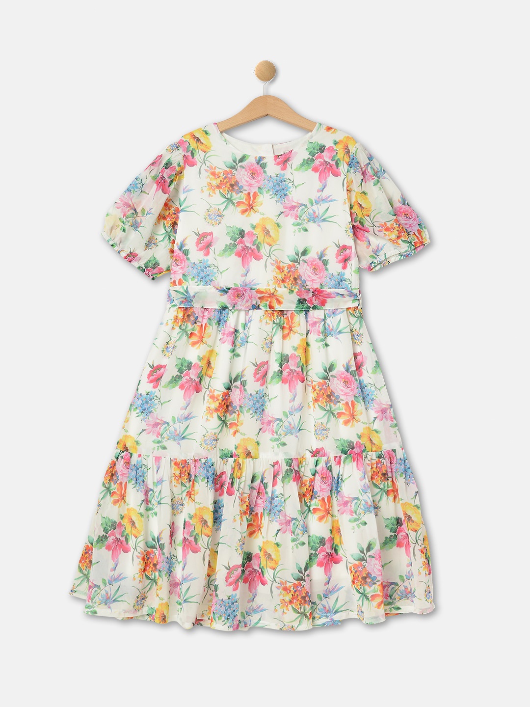 

R&B Girls Floral Printed Puff Sleeves Tiered Fit & Flare Dress, White