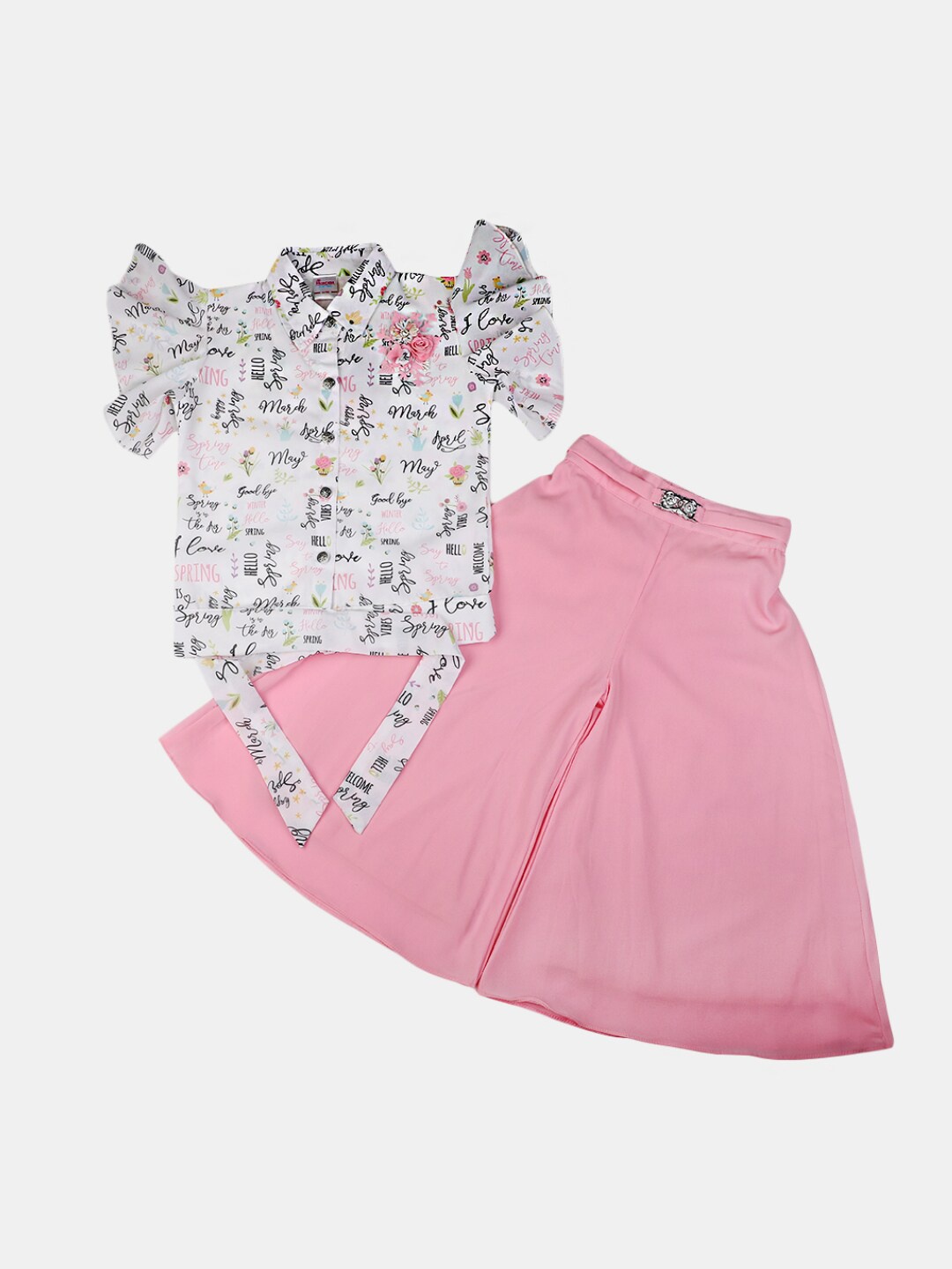 

V-Mart Girls Printed Shirt Collar Pure Cotton Top with Palazzo, White