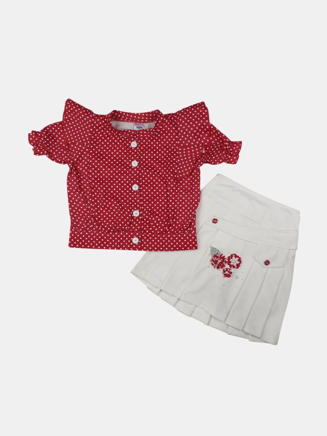 

V-Mart Girls Printed Pure Cotton Shirt with Skirt, Red