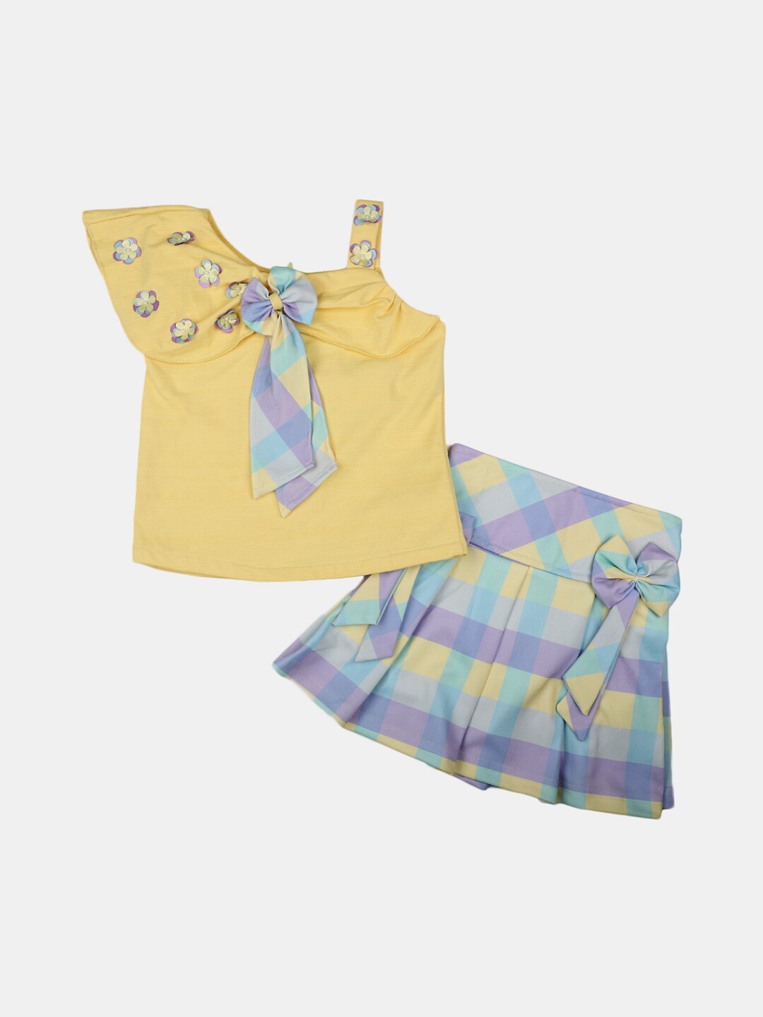

V-Mart Girls One Shoulder Pure Cotton Top with Skirt, Yellow