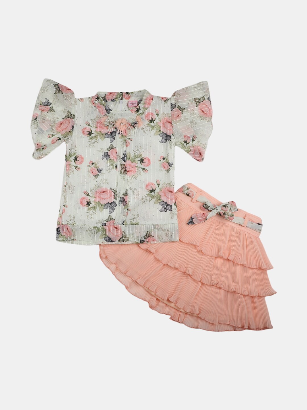 

V-Mart Girls Printed Pure Cotton Top with Skirt, Off white