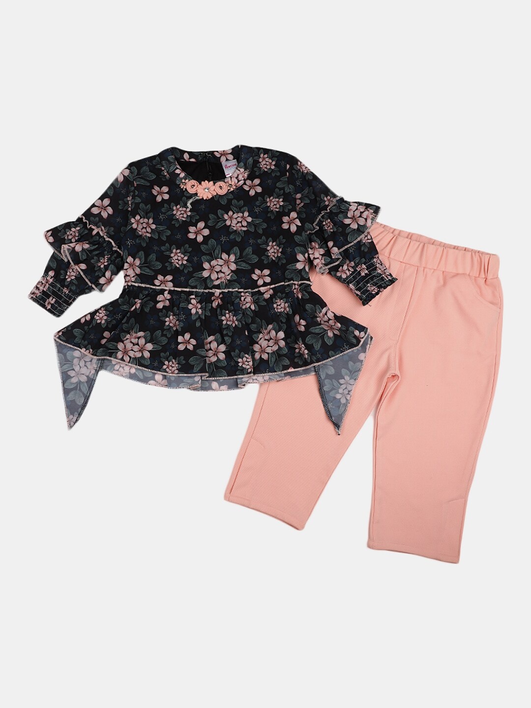

V-Mart Girls Printed Pure Cotton Top with Trousers, Black
