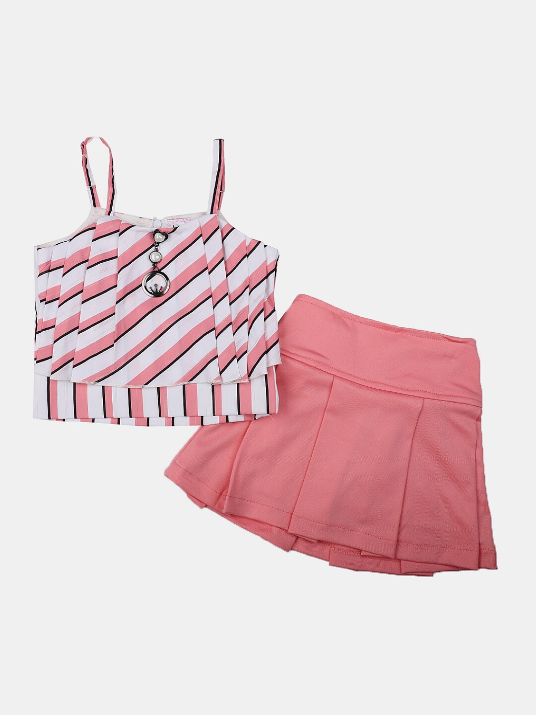 

V-Mart Girls Stripes Shoulder Strapes Pure Cotton Top with Skirt, Peach