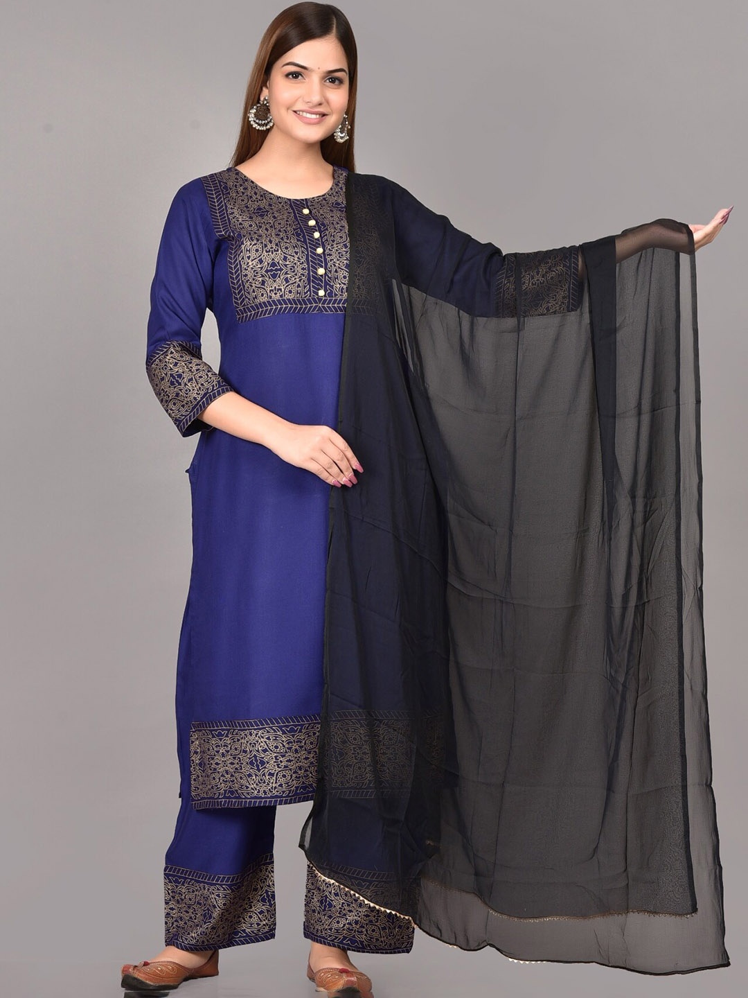 

SkyaSia Ethnic Motif Yoke Design Kurta With Palazzos & Dupatta, Blue