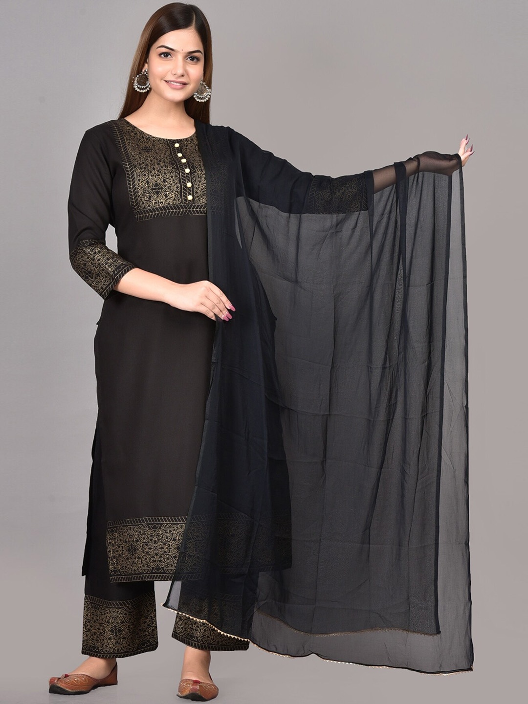 

SkyaSia Ethnic Motifs Printed Kurta with Palazzos & Dupatta, Black