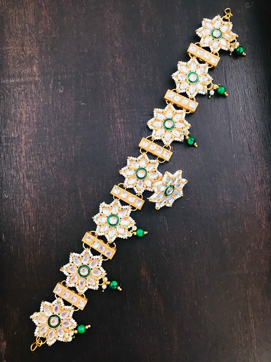 

The Opal Factory Gold-Plated Stone-Studded & Pearl Beaded Sheeshphool