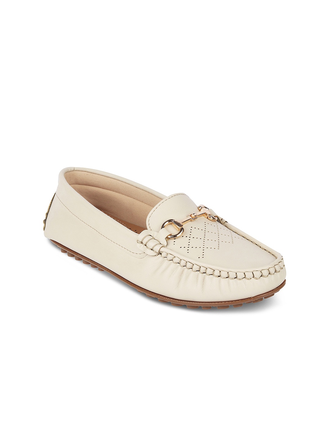 

PEPPER Women Perforations Embellished Lightweight Horsebit Loafers, Off white