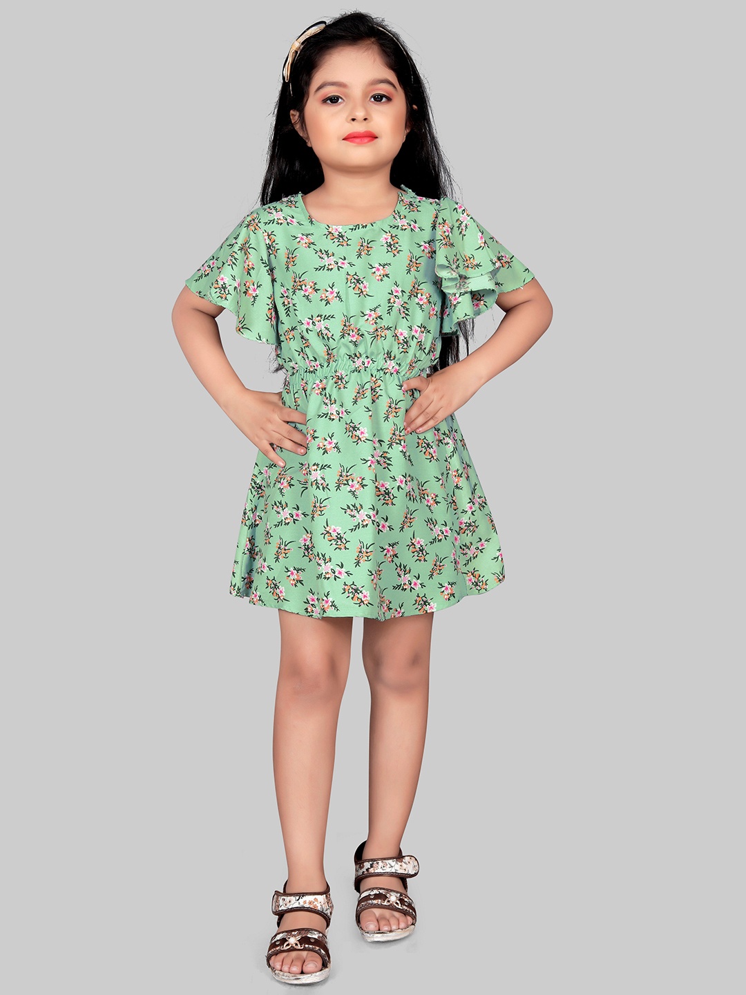 

ASPORA Girls Floral Print Flared Sleeve Fit & Flare Dress, Green