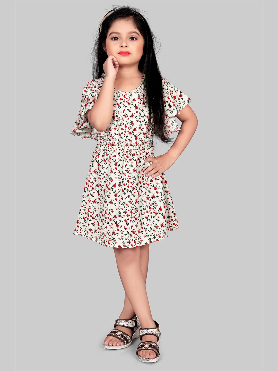 

ASPORA Girls Floral Printed Flared Sleeve Fit & Flare Dress, Off white