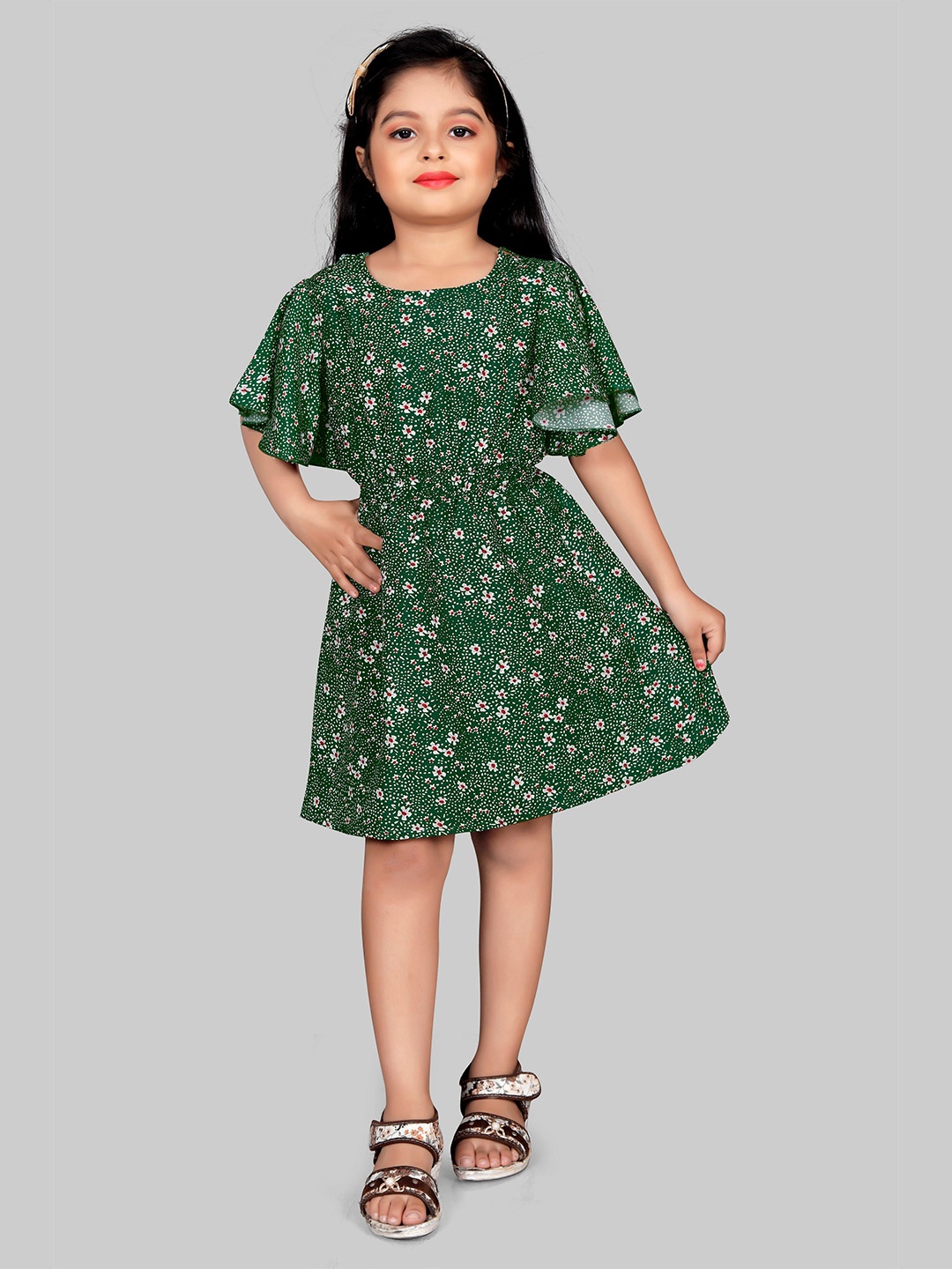 

ASPORA Girls Floral Print Flared Sleeve A-Line Dress, Green