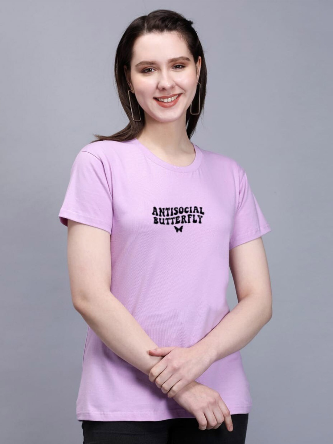 

TRENDY RABBIT Typography Round Neck Cotton T-shirt, Lavender