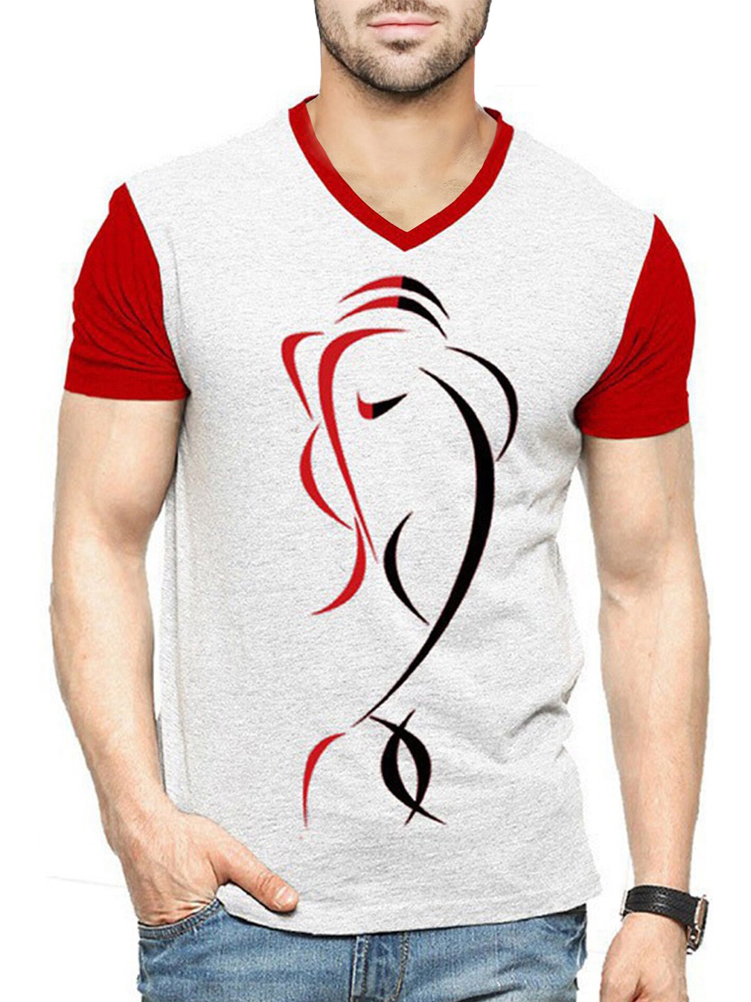 

TRIPR Graphic Printed V-Neck Cotton T-shirt, Grey