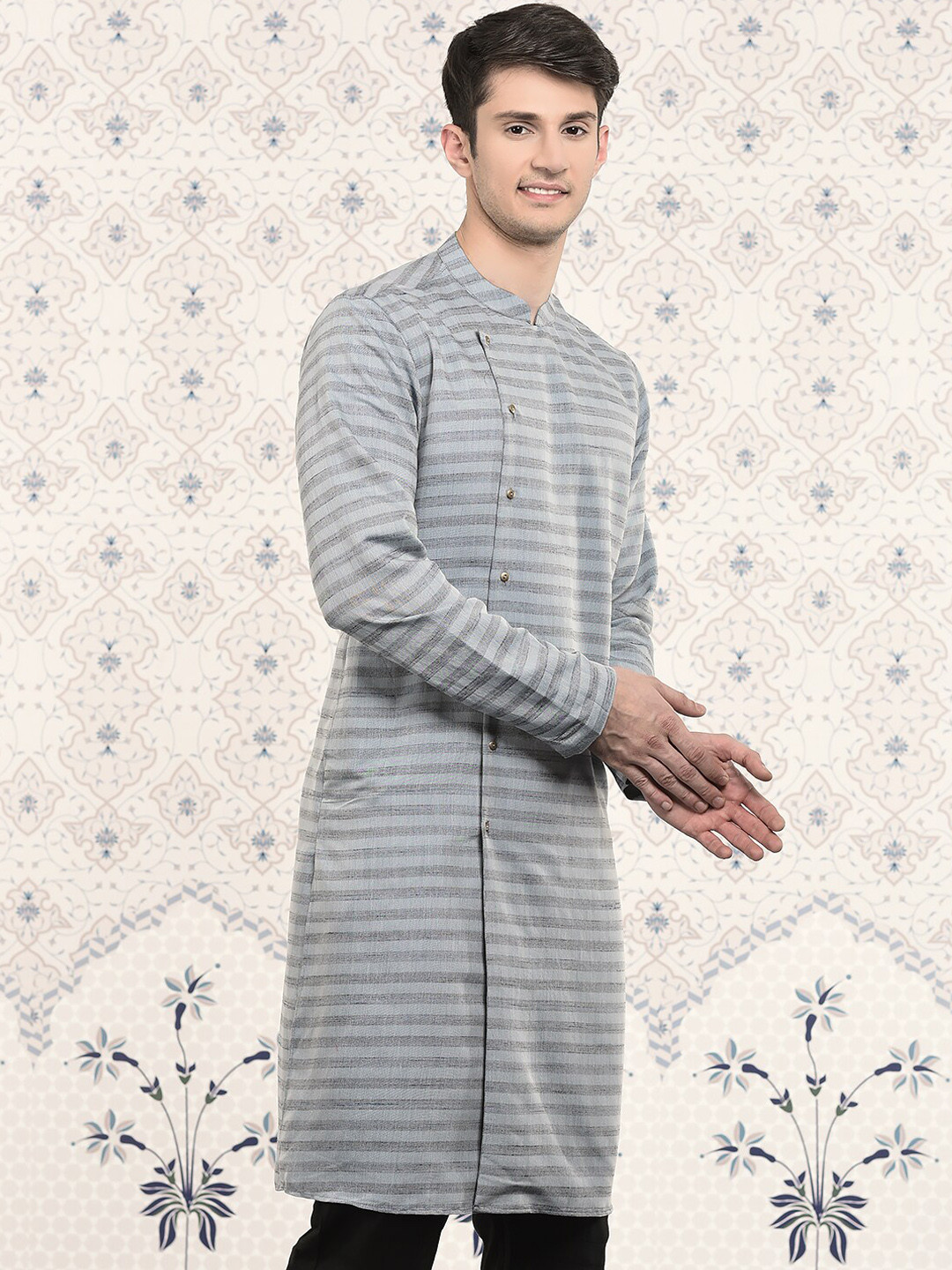 

Ode by House of Pataudi Grey Striped Woven Design Jacquard Straight Kurta