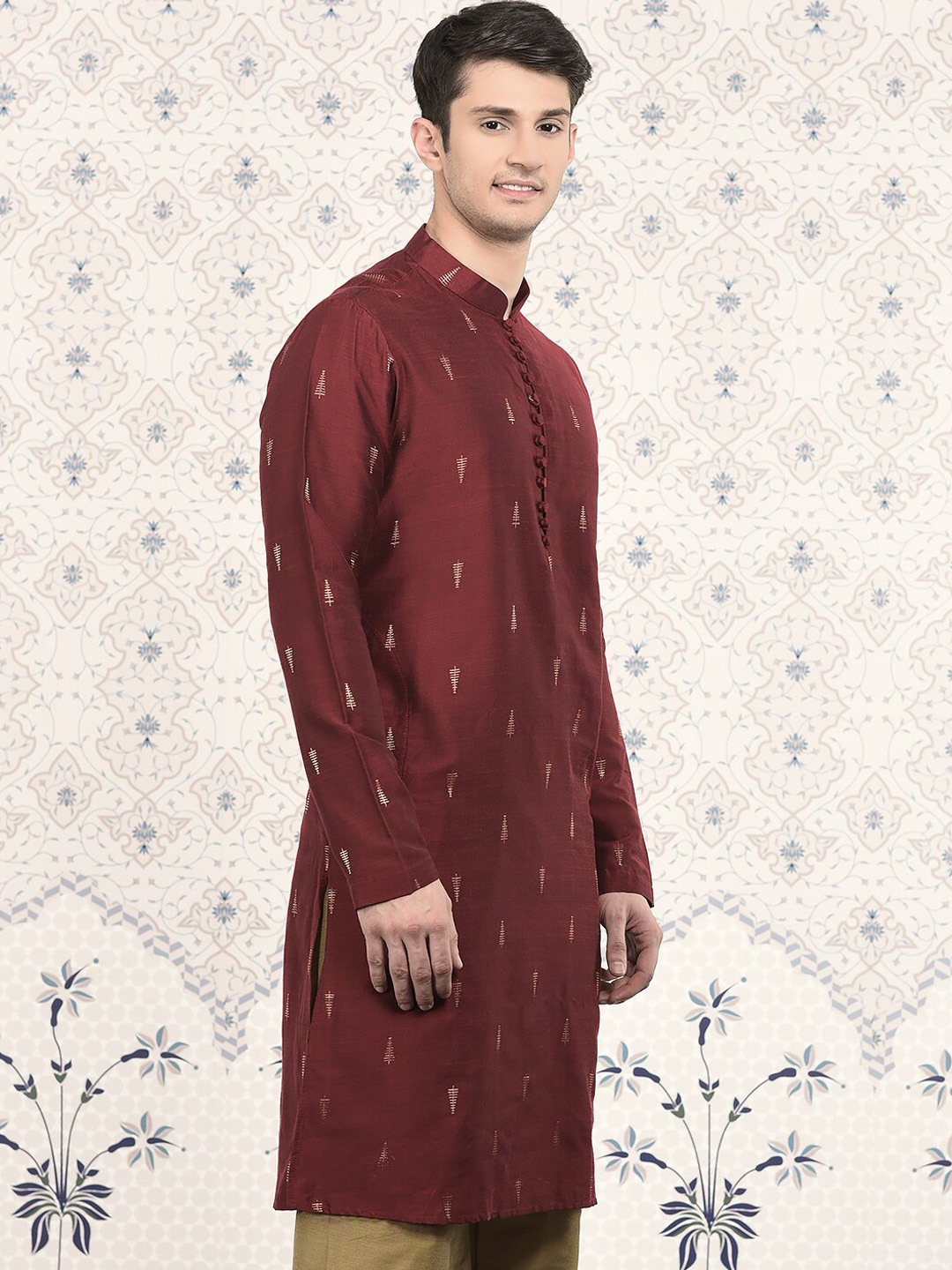 

Ode by House of Pataudi Woven Design Mandarin Collar Jacquard Kurta, Red