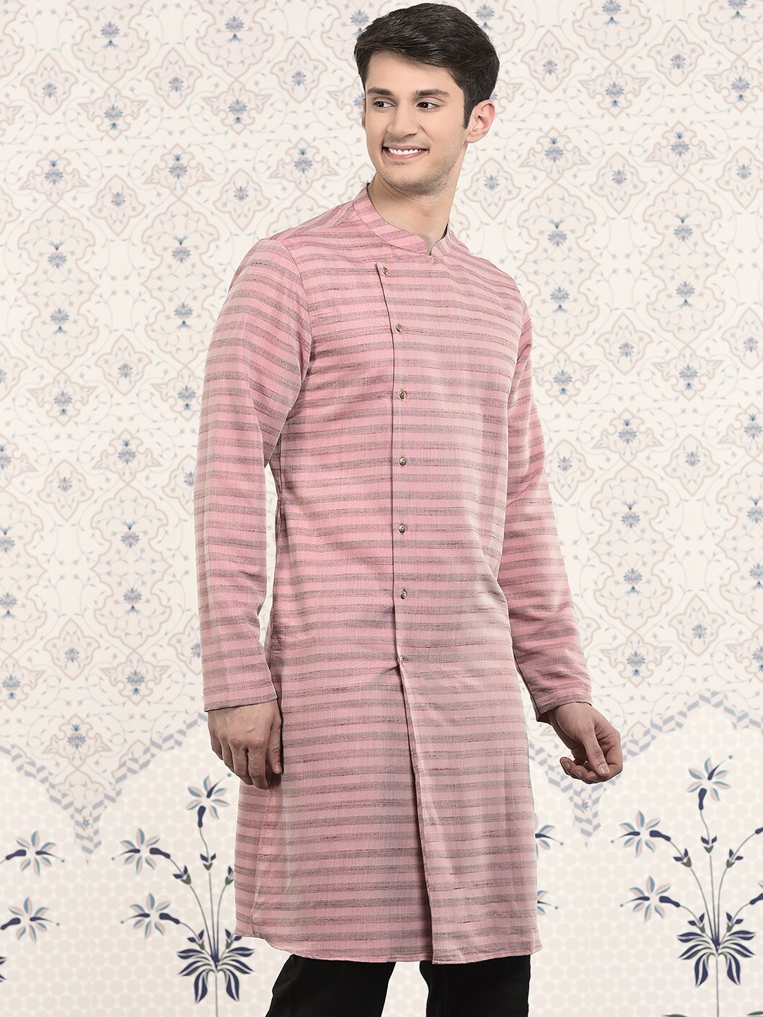 

Ode by House of Pataudi Striped Mandarin Collar Jacquard Kurta, Pink