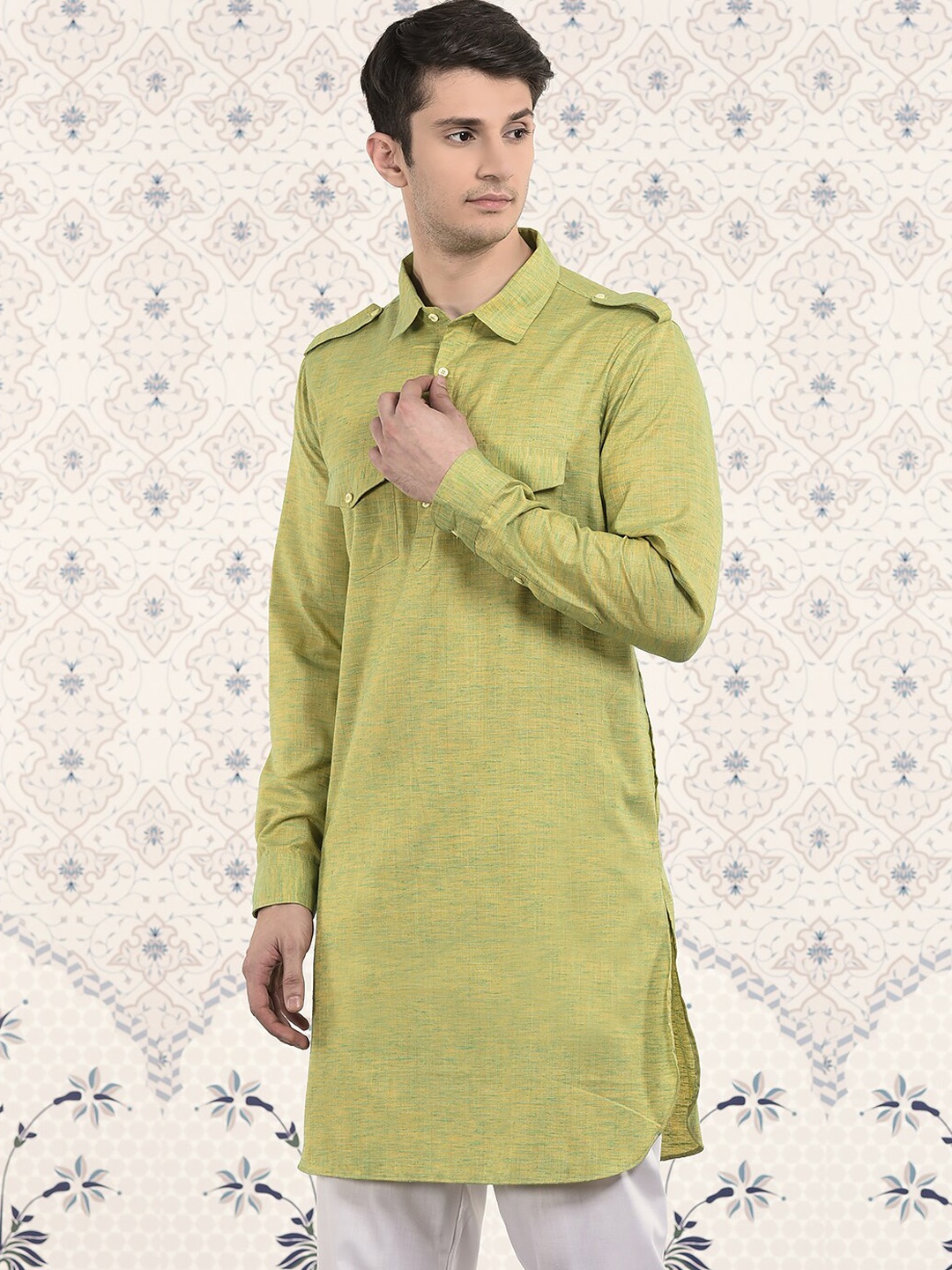 

Ode by House of Pataudi Shirt Collar Jacquard Pathani Kurta, Green