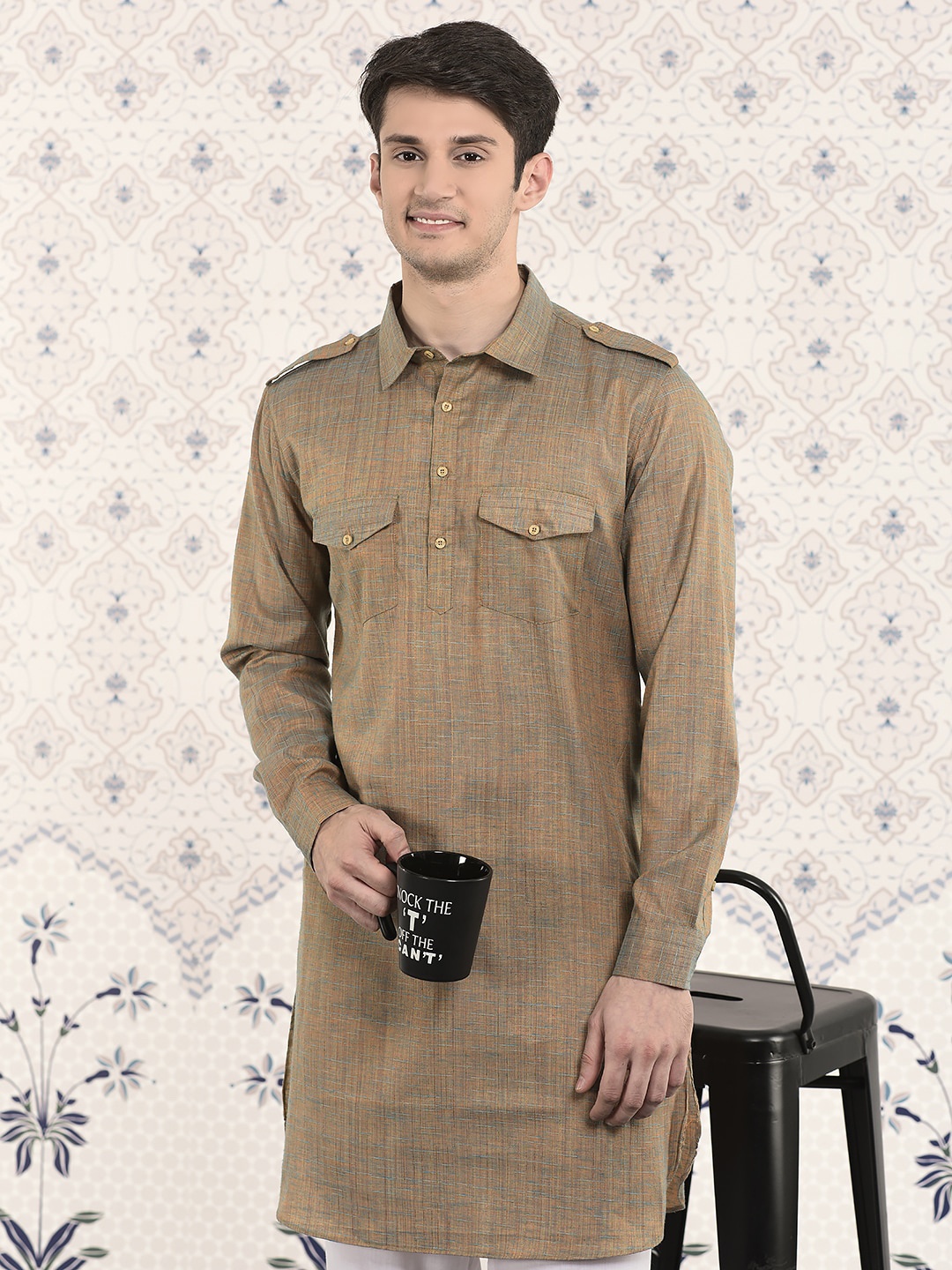 

Ode by House of Pataudi Copper Striped Woven Design Jacquard Pathani Kurta