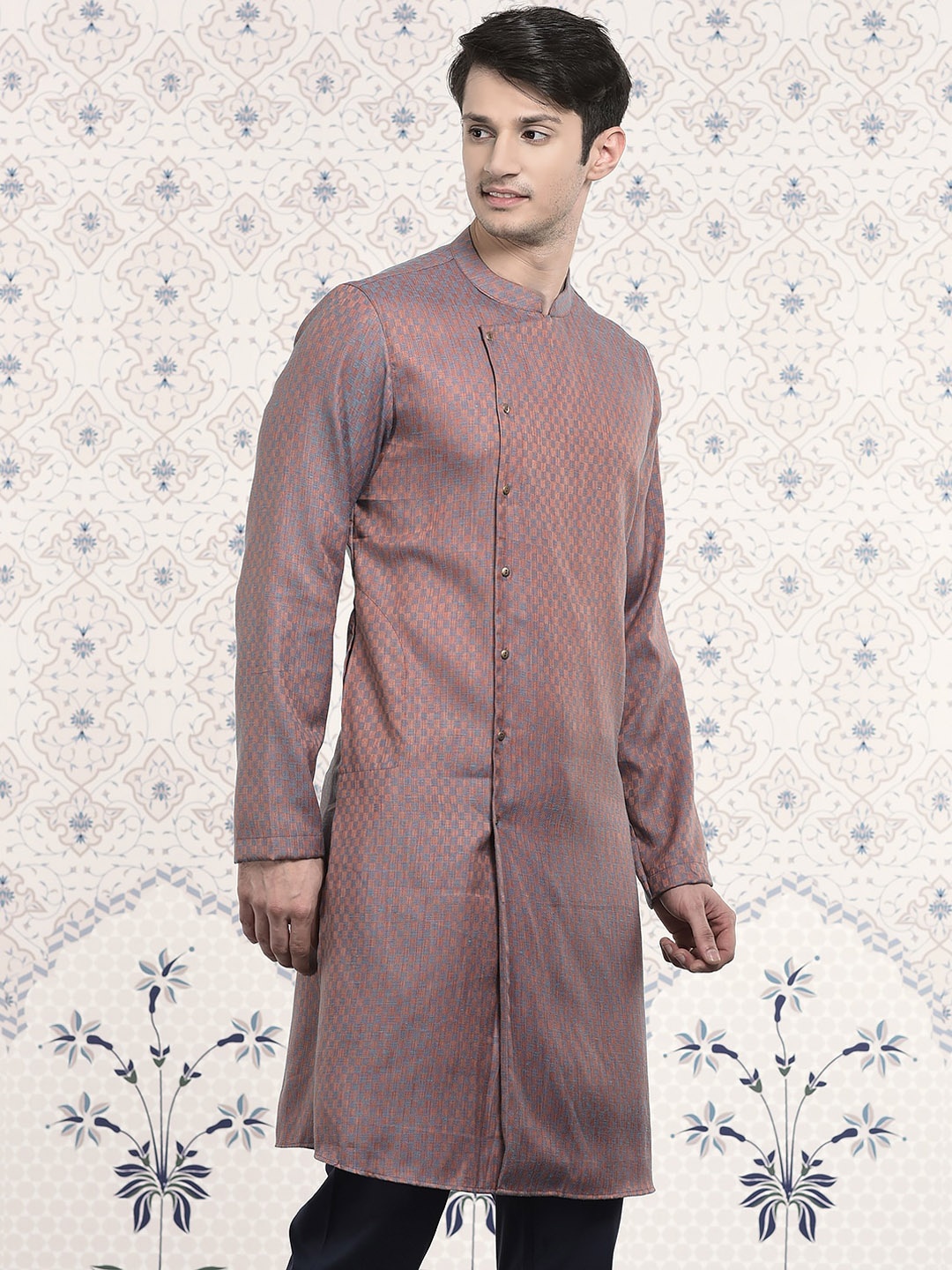 

Ode by House of Pataudi Brown & Blue Checked Woven Design Jacquard Straight Kurta