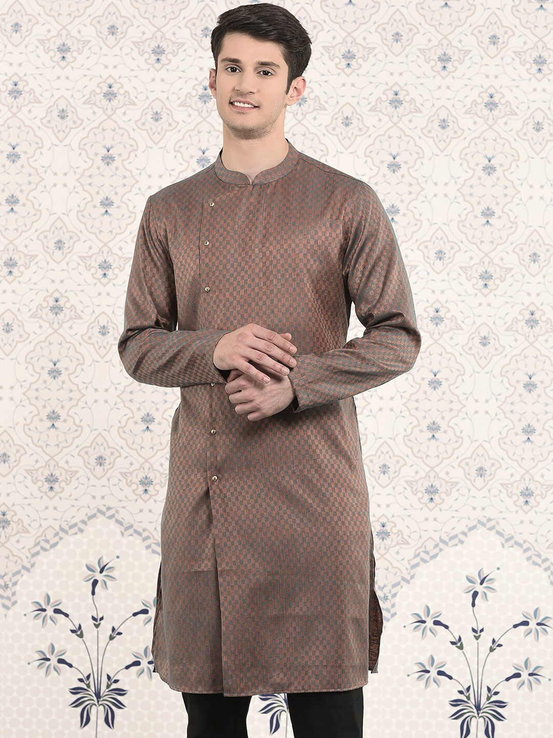 

Ode by House of Pataudi Brown & Blue Checked Woven Design Jacquard Straight Kurta