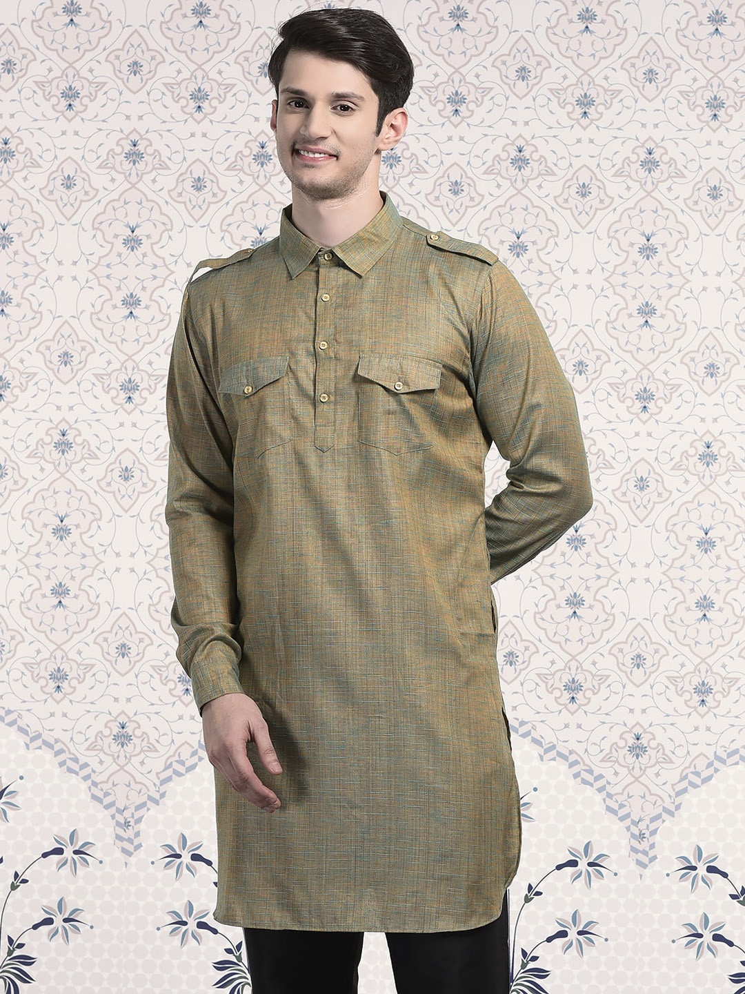 

Ode by House of Pataudi Shirt Collar Jacquard Pathani Kurta, Brown