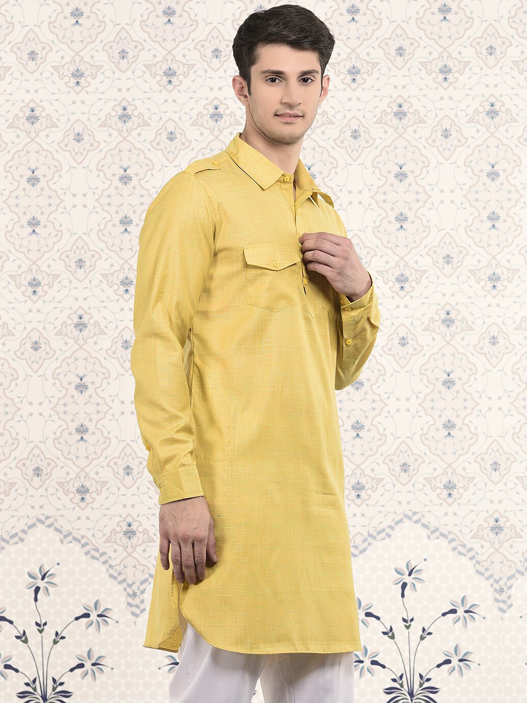 

Ode by House of Pataudi Yellow Shirt Collar Jacquard Pathani Kurta