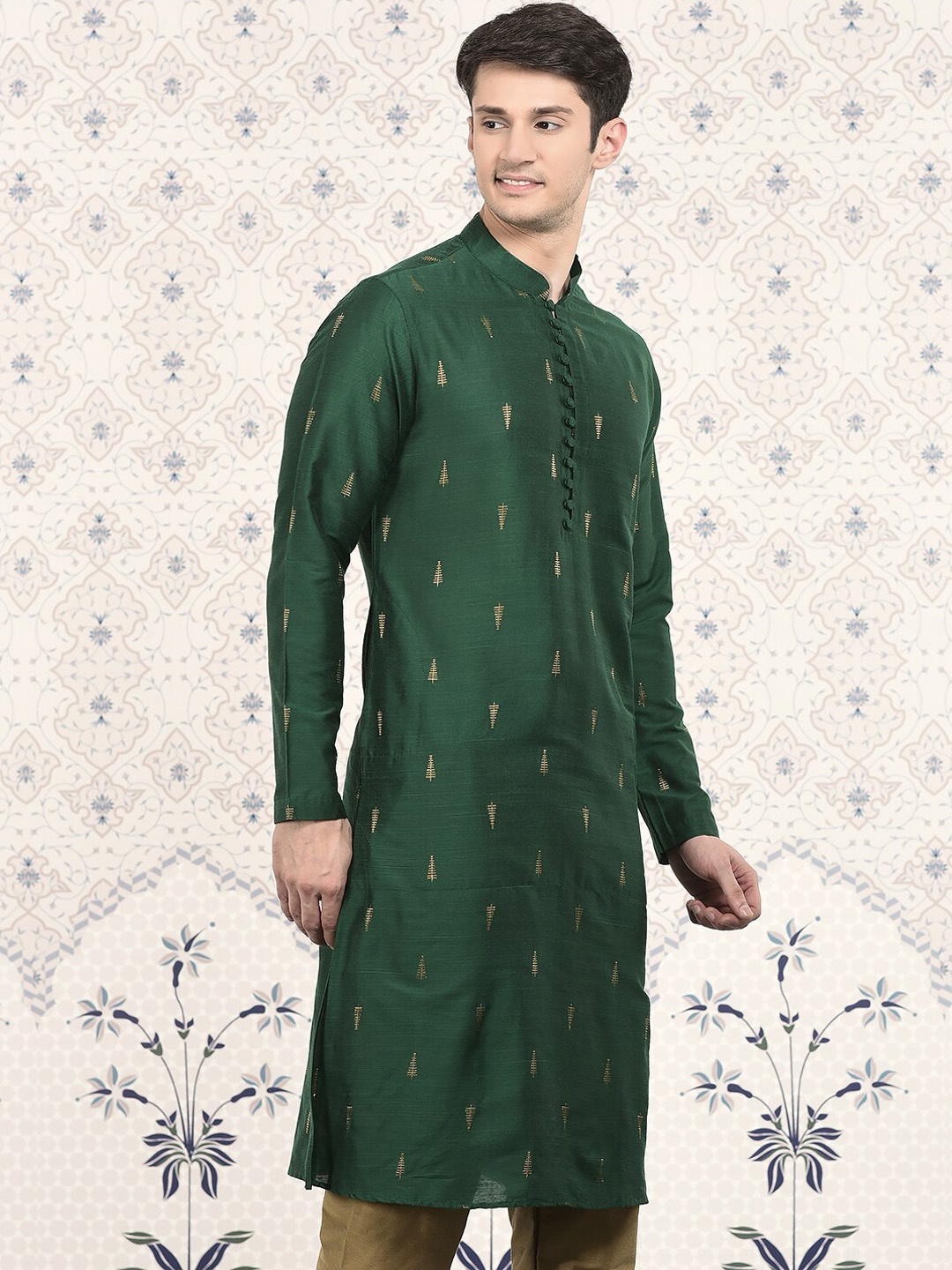 

Ode by House of Pataudi Woven Design Mandarin Collar Jacquard Kurta, Green