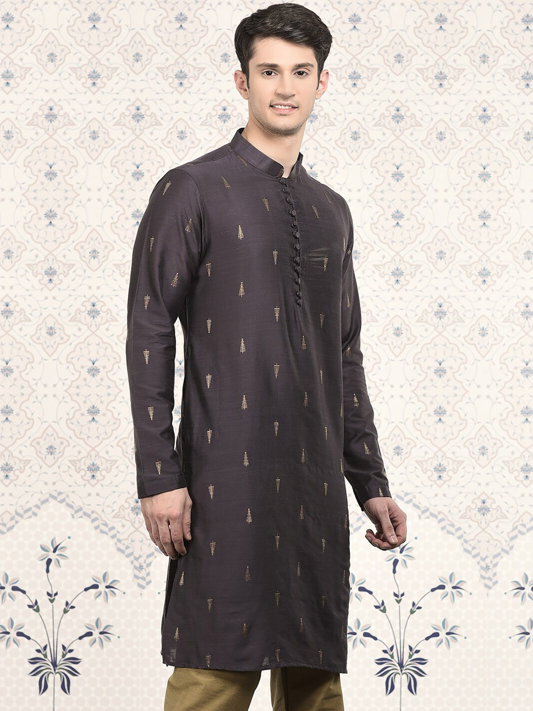 

Ode by House of Pataudi Woven Design Mandarin Collar Jacquard Kurta, Grey melange