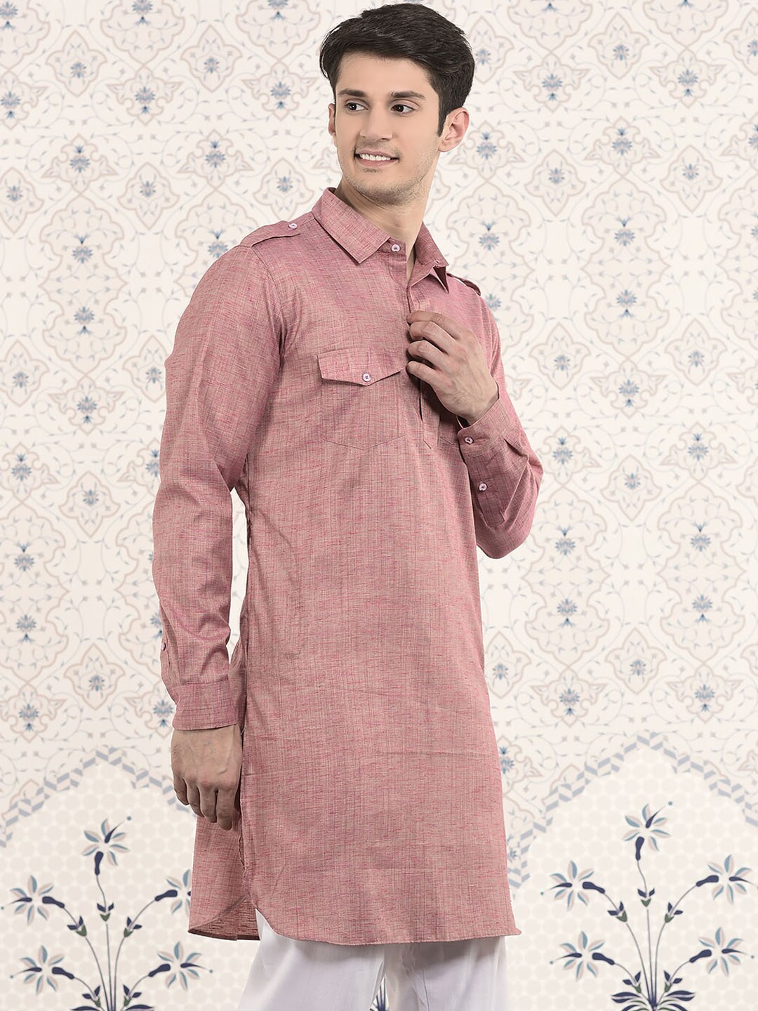 

Ode by House of Pataudi Pink Woven design Jacquard Pathani Kurta