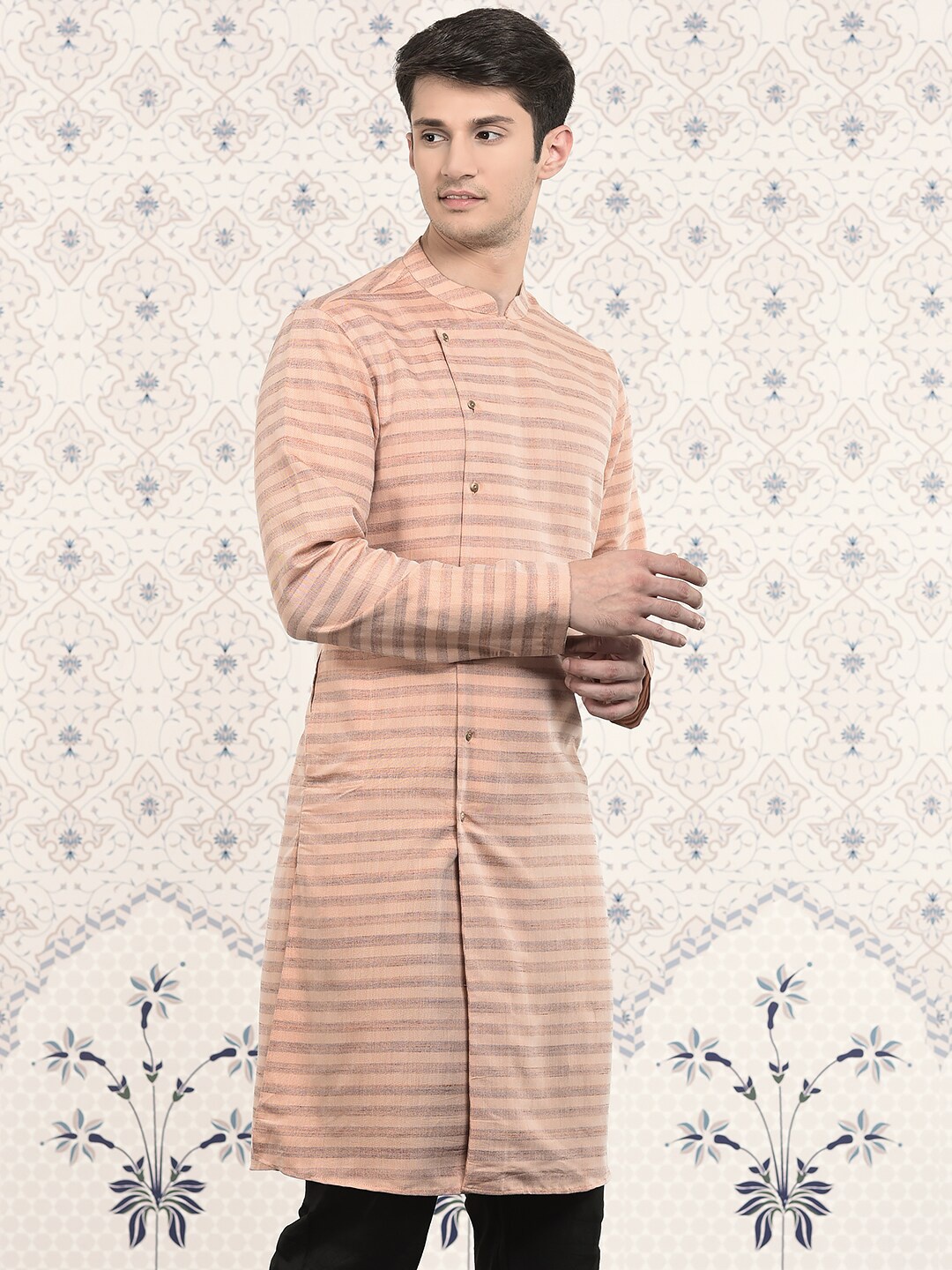 

Ode by House of Pataudi Coral Striped Woven design Jacquard Straight Kurta