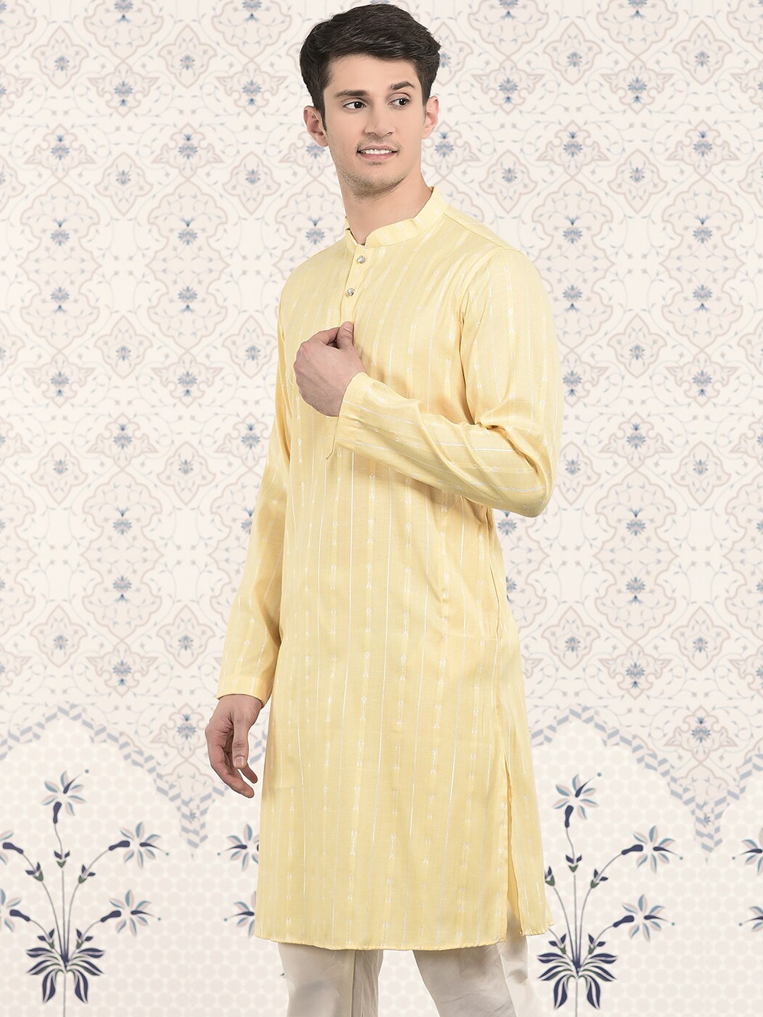 

Ode by House of Pataudi Yellow Striped Woven design Jacquard Straight Kurta