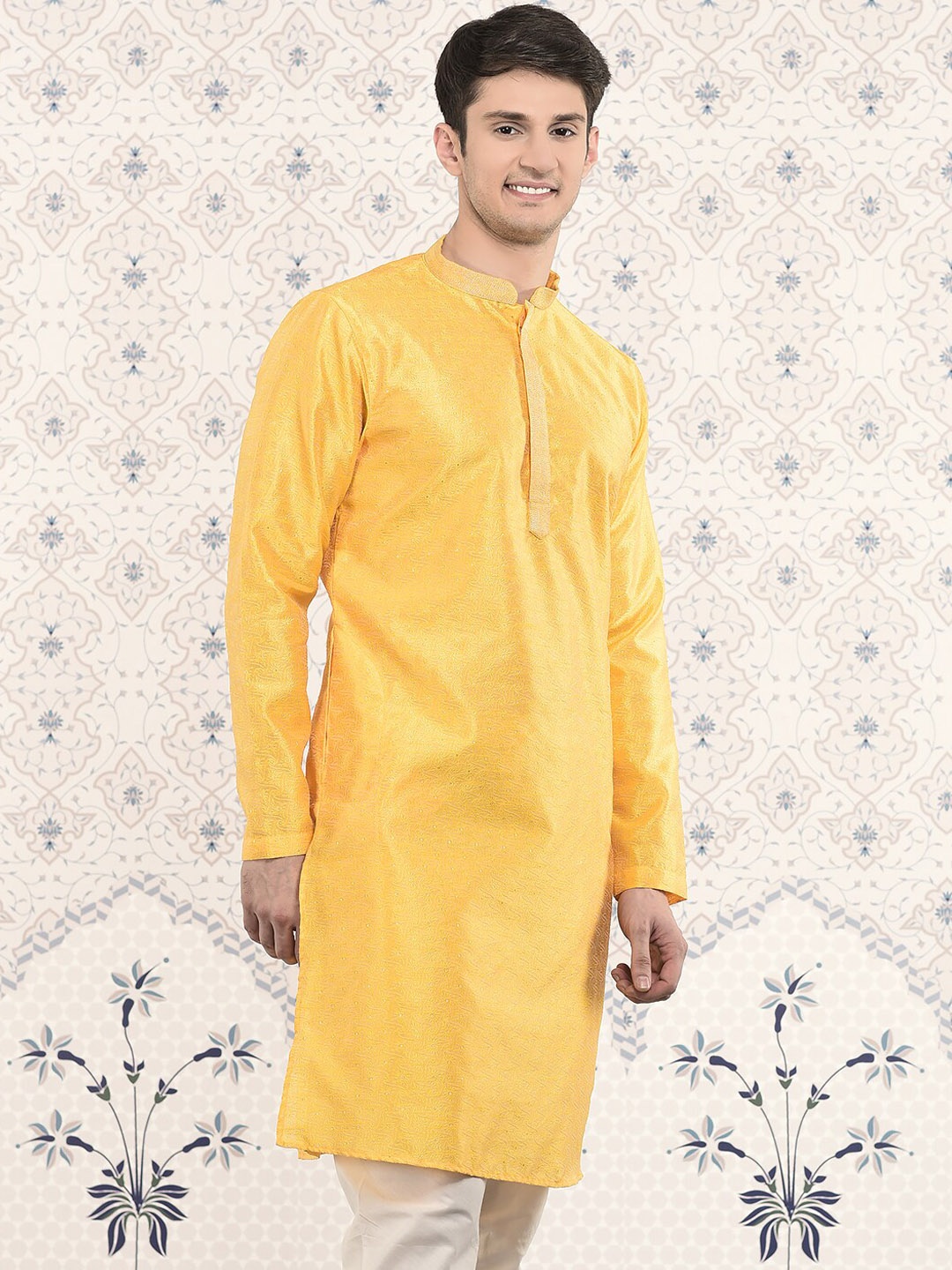 

Ode by House of Pataudi Woven Design Mandarin Collar Thread Work Jacquard Kurta, Yellow